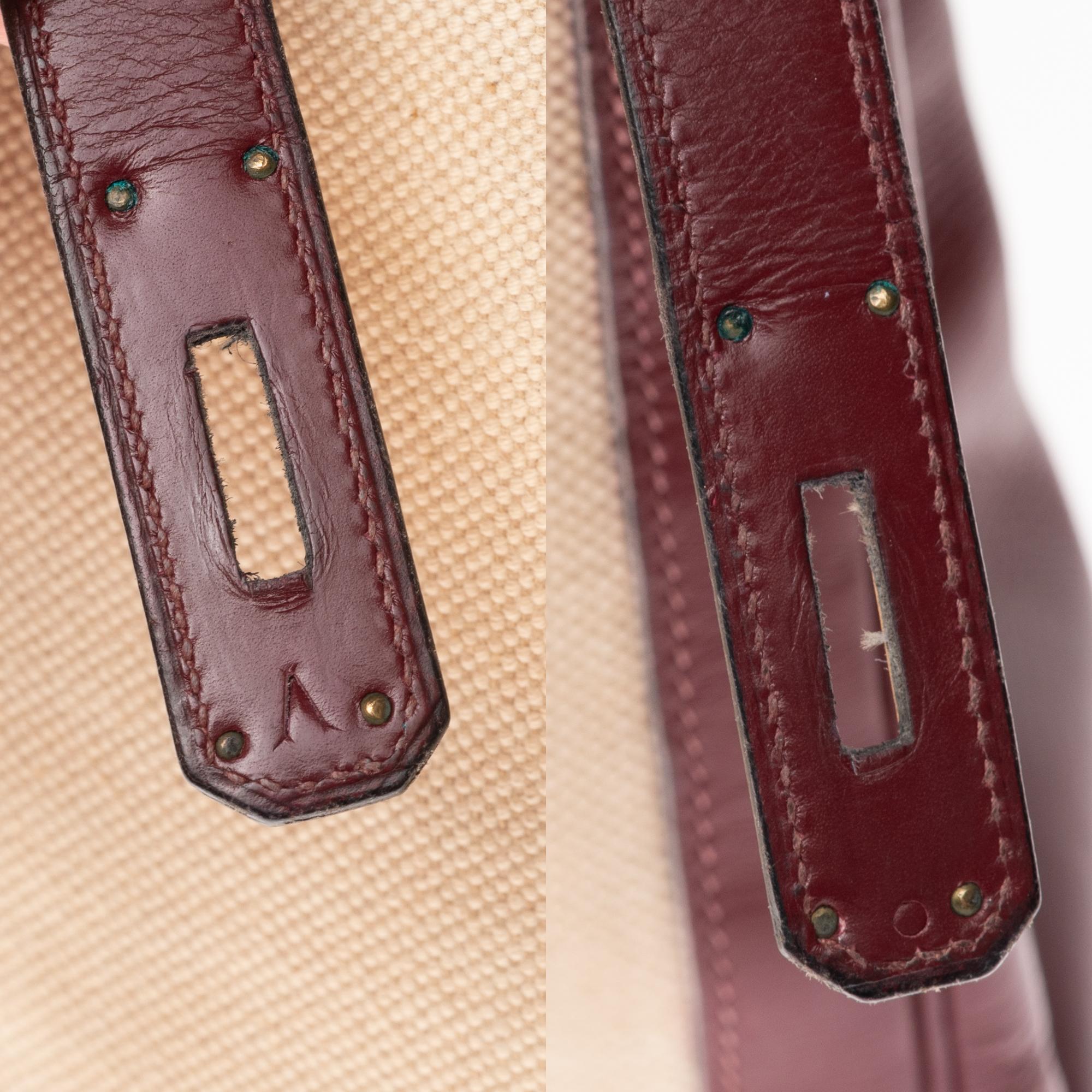 Beige Hermès Kelly 35cm handbag bi-material in beige canvas and burgundy calf leather