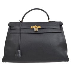 HERMES Kelly 40 Black Retourne Leather Gold Top Handle Satchel Shoulder Tote Bag