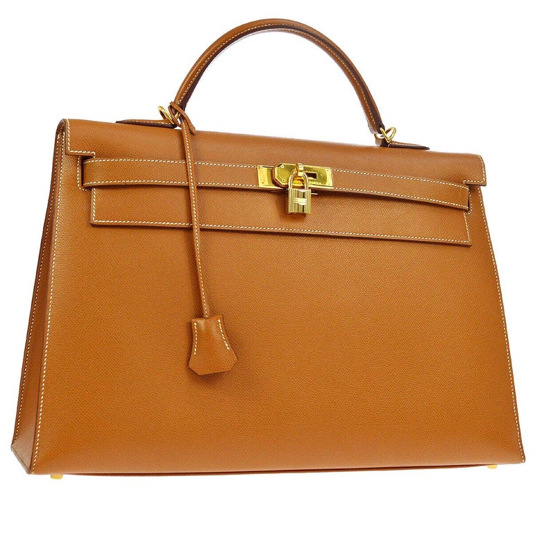 Hermes Kelly 40 Cognac Leather Gold Top Handle Satchel Shoulder