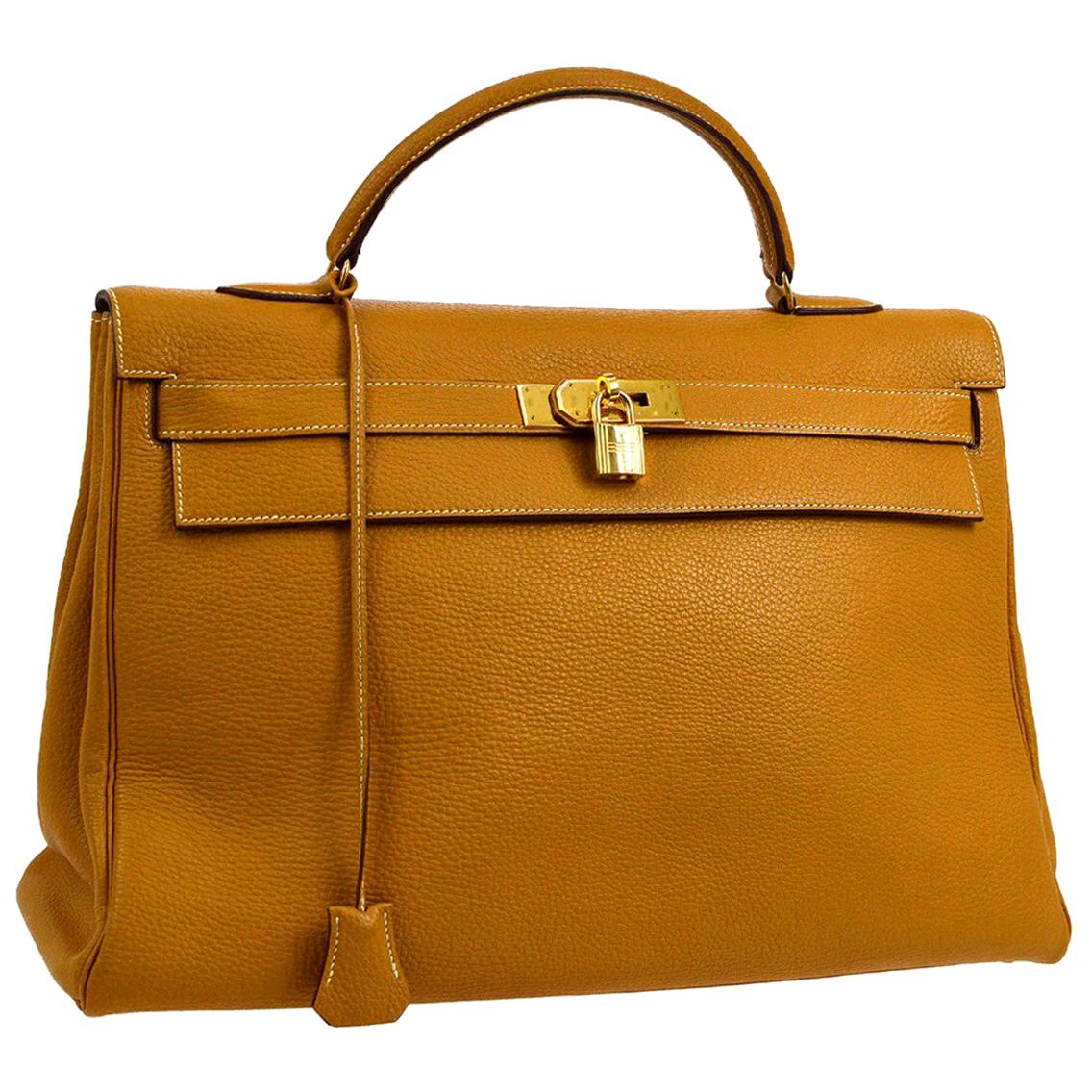 Hermes Kelly 40 Mustard Leather Top Handle Satchel Carryall Tote Flap Bag