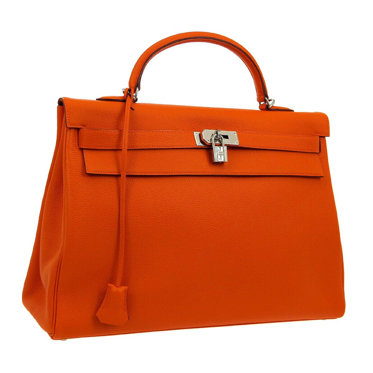 Hermes Kelly 40 Orange Leather Palladium Top Handle Satchel Shoulder Tote Bag