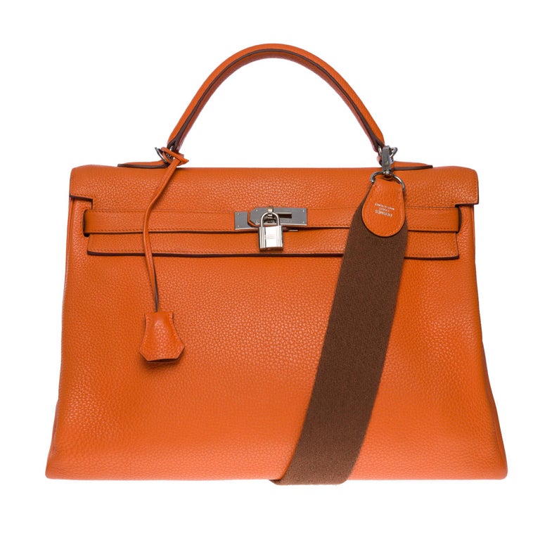 Hermes Orange Canvas and Leather Bag Strap for Kelly at 1stDibs