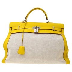 HERMES Kelly 50 Yellow Leather Toile Canvas Silver Carryall Travel Tote Bag