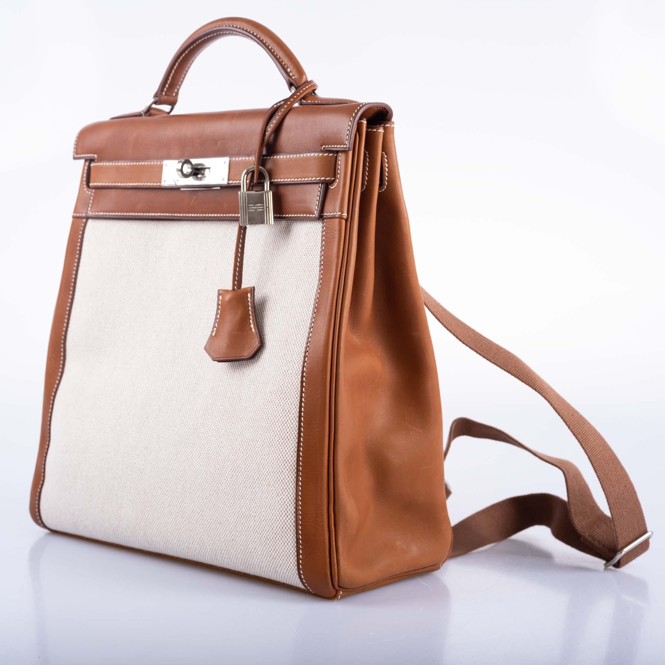Women's or Men's Hermès Kelly a Dos Backpack Barenia And Toile Palladium Hardware For Sale