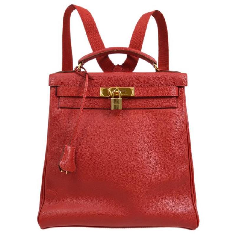 HERMES Kelly Ado GM Red Leather Gold Top Handle Carryall Backpack Bag