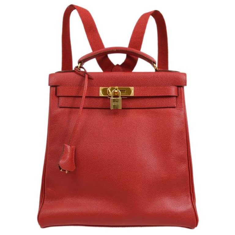 HERMES Kelly Ado GM Red Leather Gold Top Handle Carryall Backpack