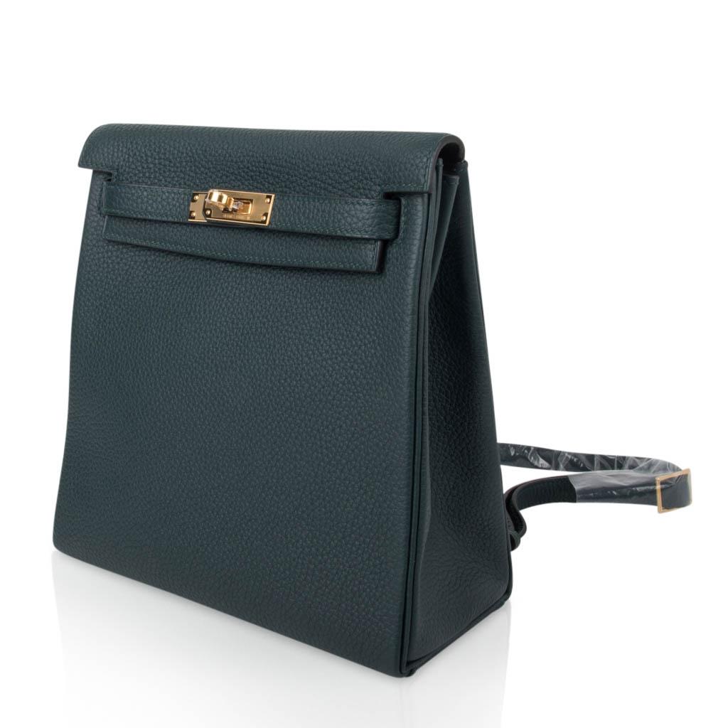 Black Hermes Kelly Ado II Backpack Vert Cypress Gold Hardware New