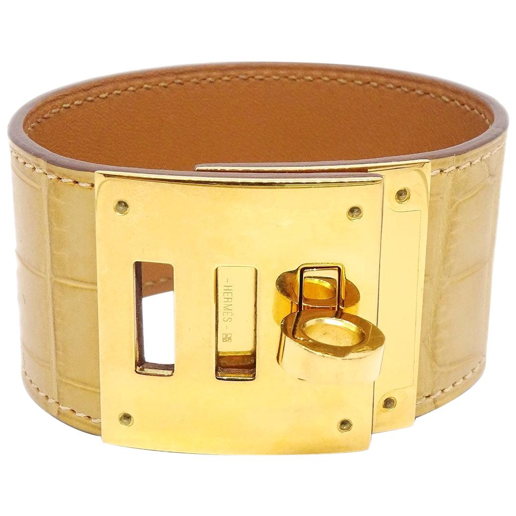 Hermes Kelly Alligator Crocodile Exotic Leather Gold Men's Women's Cuff Bracelet