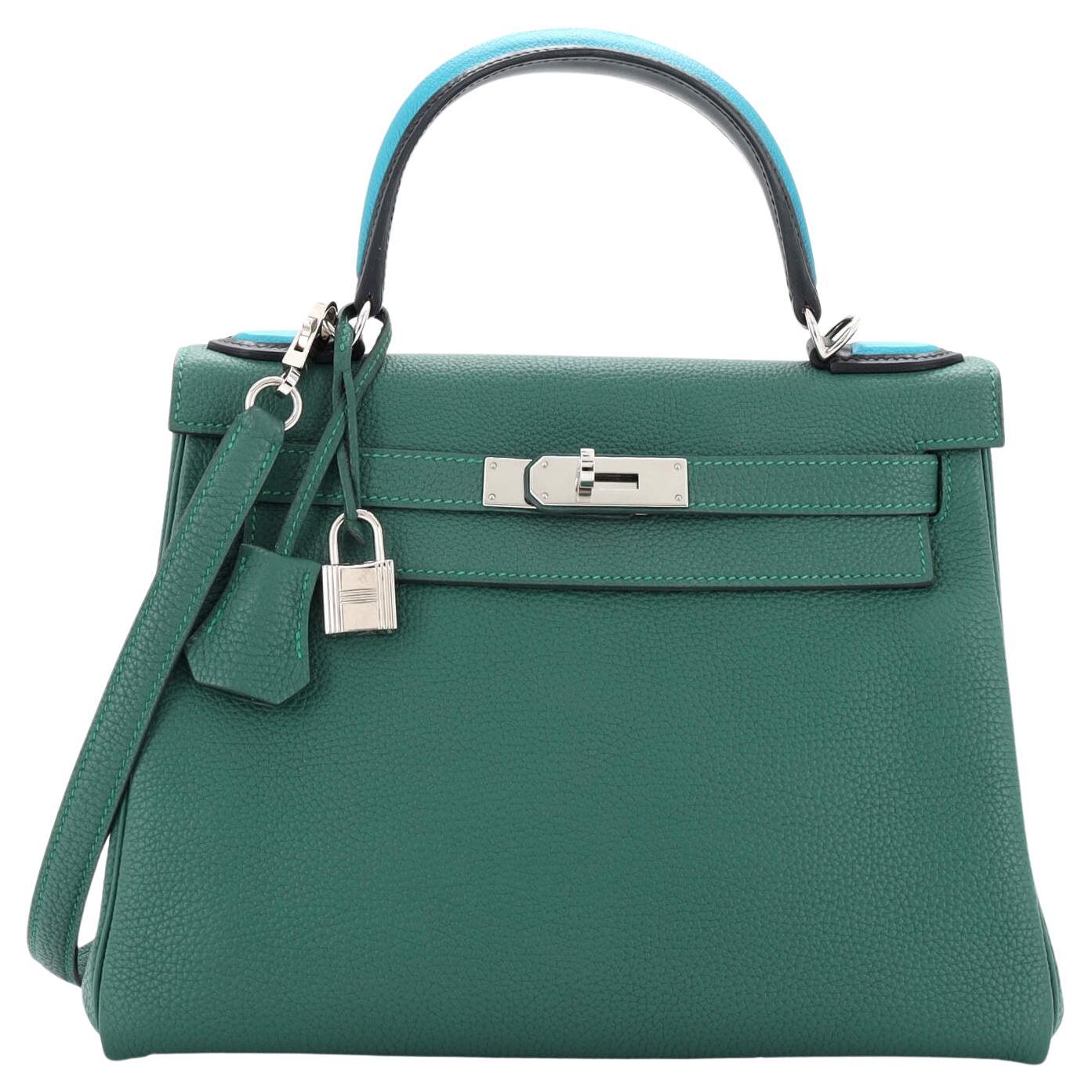 Hermes Kelly Au Pas Handbag Green Togo with Palladium Hardware 28 For Sale
