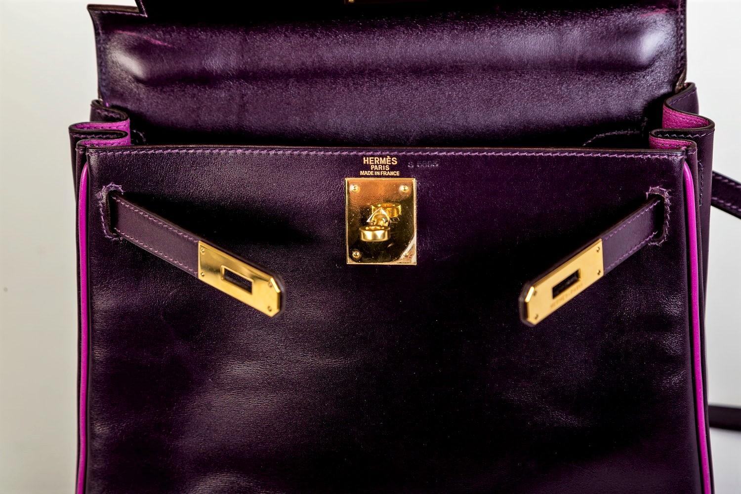 HERMÉS KELLY BAG 28 Retourne purple/pink CUSTOM,  calfskin2004 gold hardware For Sale 6