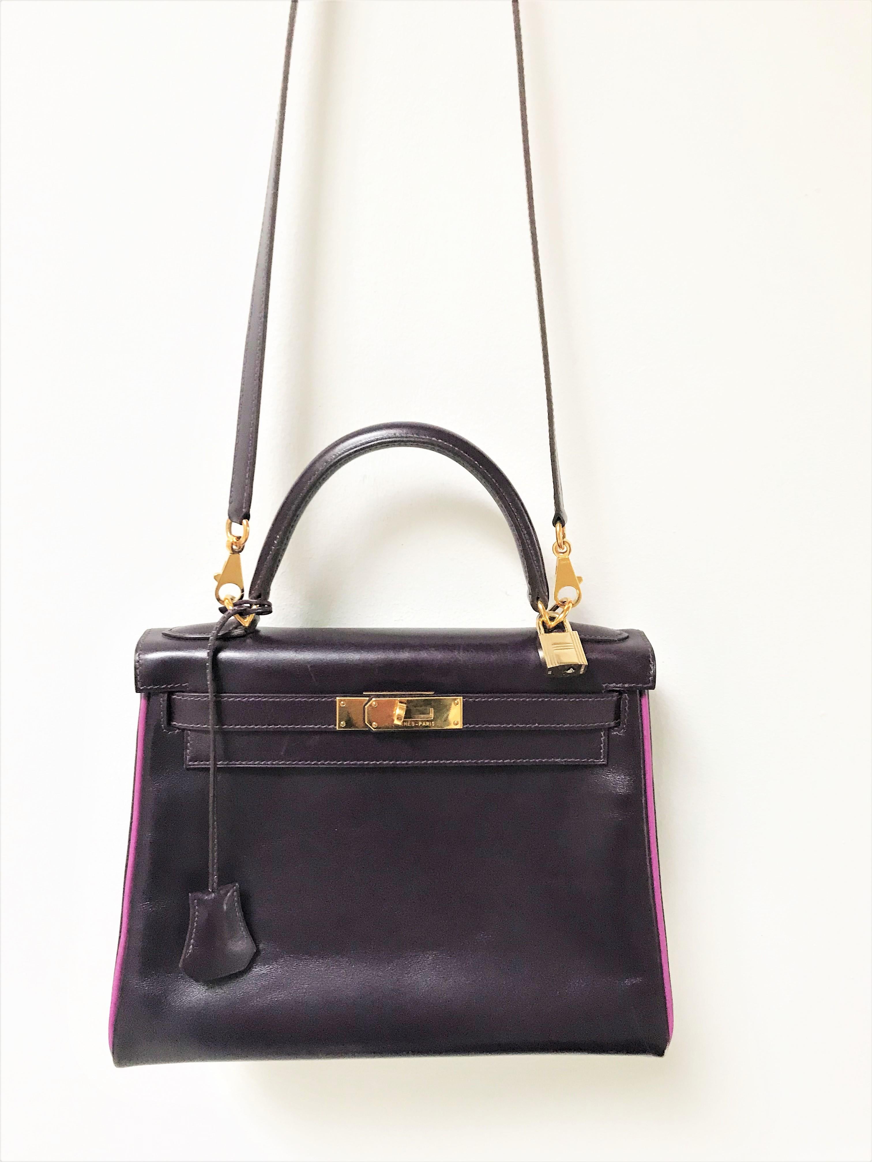 HERMÉS KELLY BAG 28 Retourne purple/pink CUSTOM,  calfskin2004 gold hardware For Sale 7