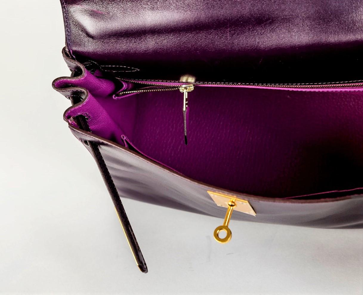 HERMÉS KELLY BAG 28 Retourne purple/pink CUSTOM,  calfskin2004 gold hardware For Sale 9