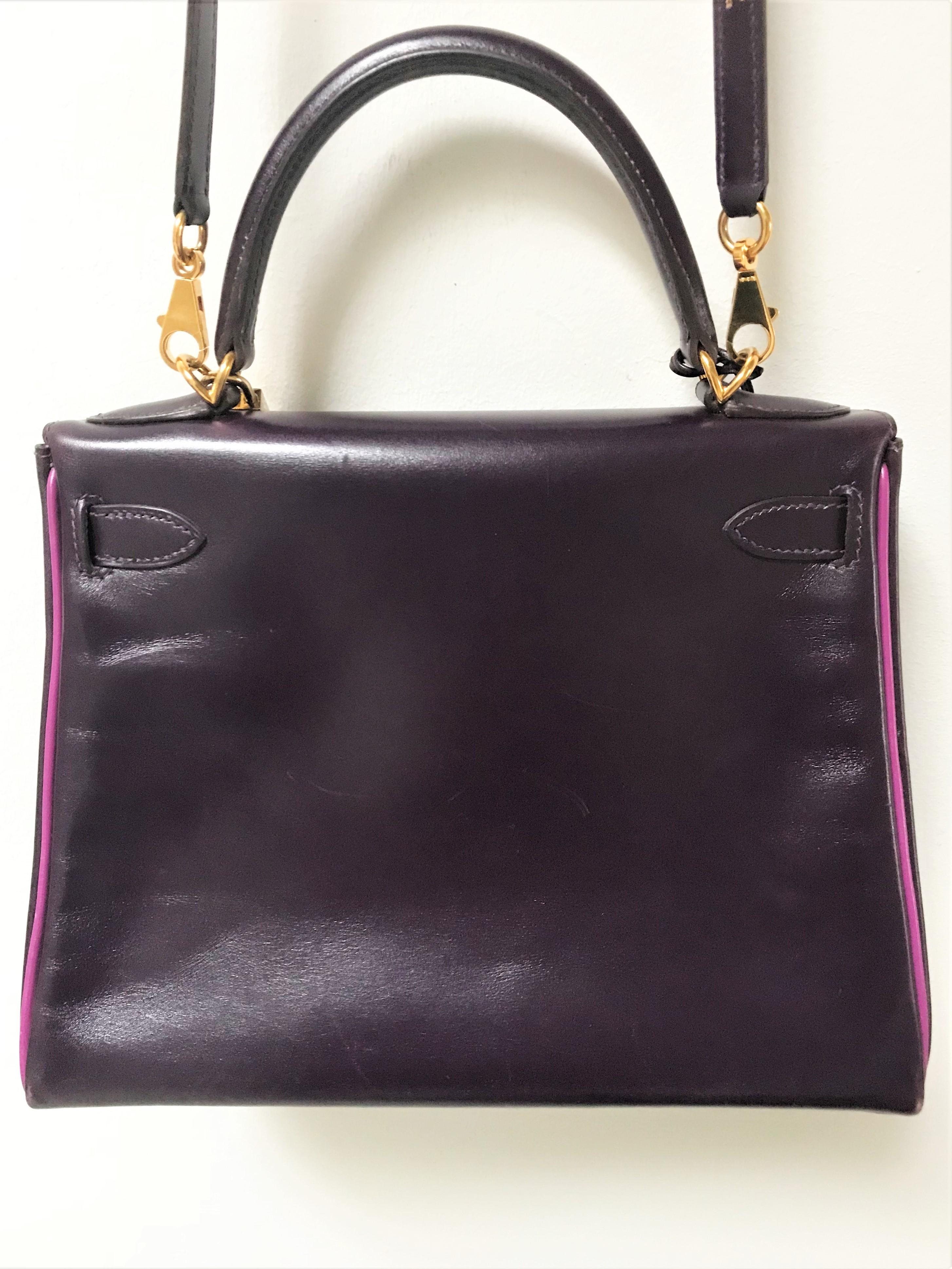 HERMÉS KELLY BAG 28 Retourne purple/pink CUSTOM,  calfskin2004 gold hardware For Sale 3