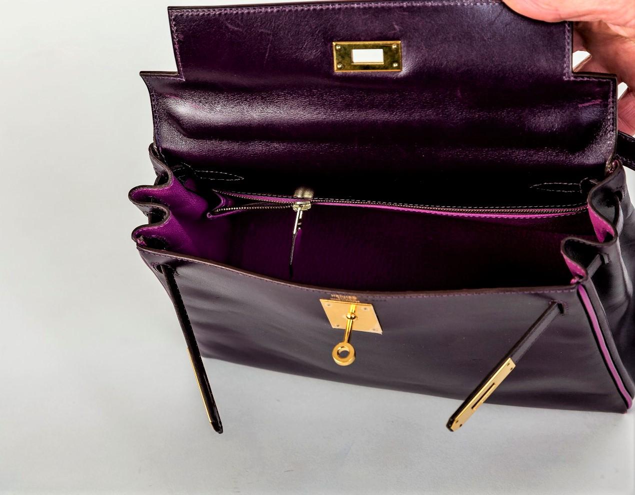 HERMÉS KELLY BAG 28 Retourne purple/pink CUSTOM,  calfskin2004 gold hardware For Sale 4