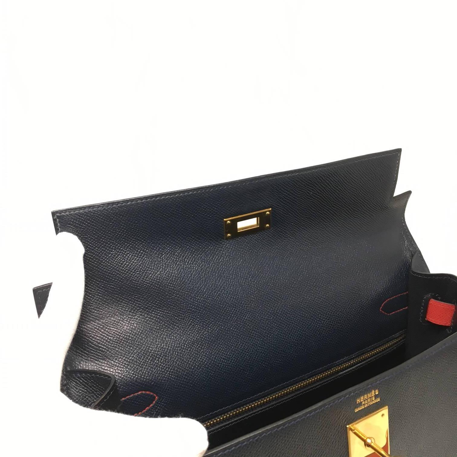 Hermes Kelly 32 Courchevel Double Colors Dark Blue and Rouge Garance Bag, 1993 6