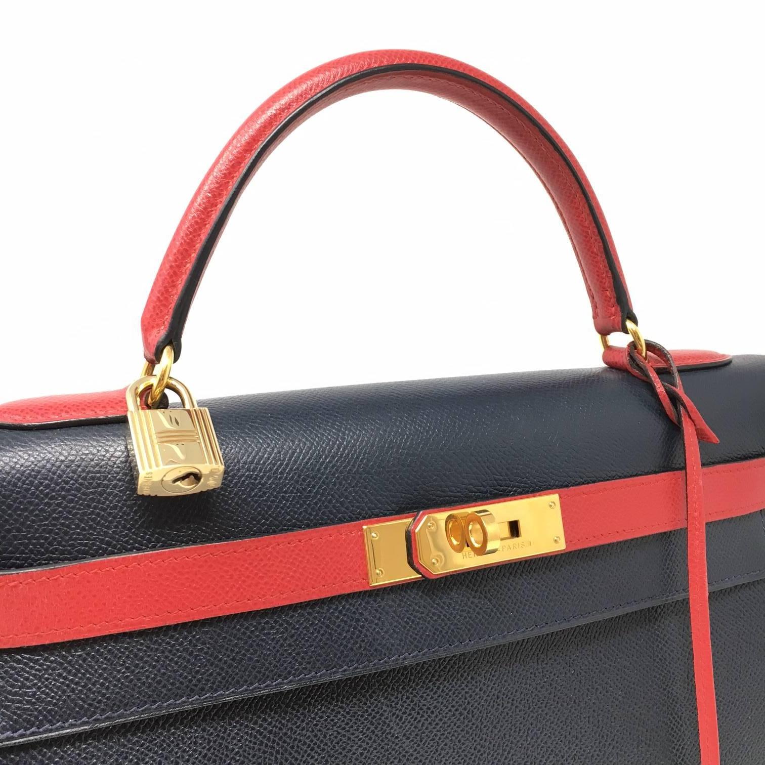Women's Hermes Kelly 32 Courchevel Double Colors Dark Blue and Rouge Garance Bag, 1993