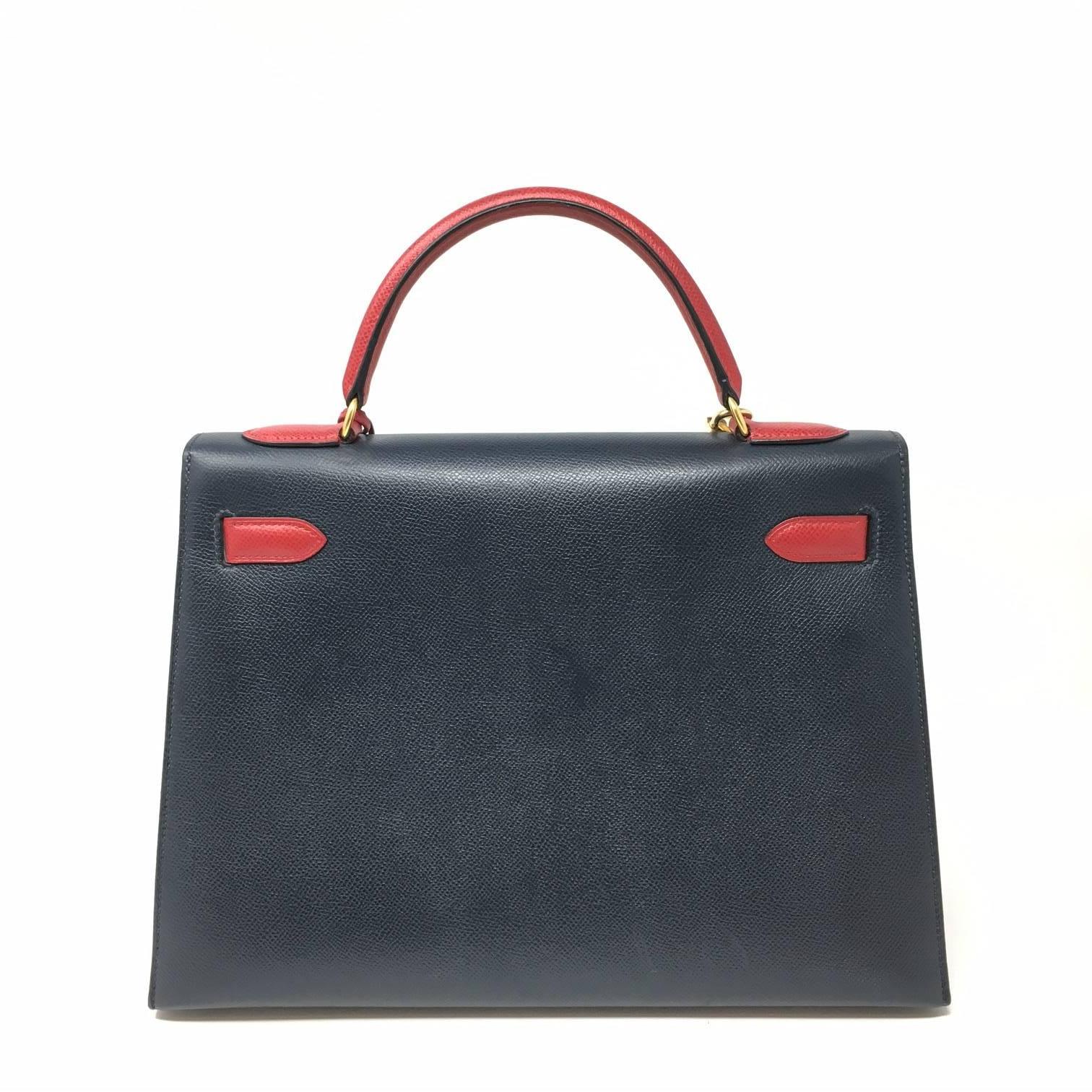 Hermes Kelly 32 Courchevel Double Colors Dark Blue and Rouge Garance Bag, 1993 2