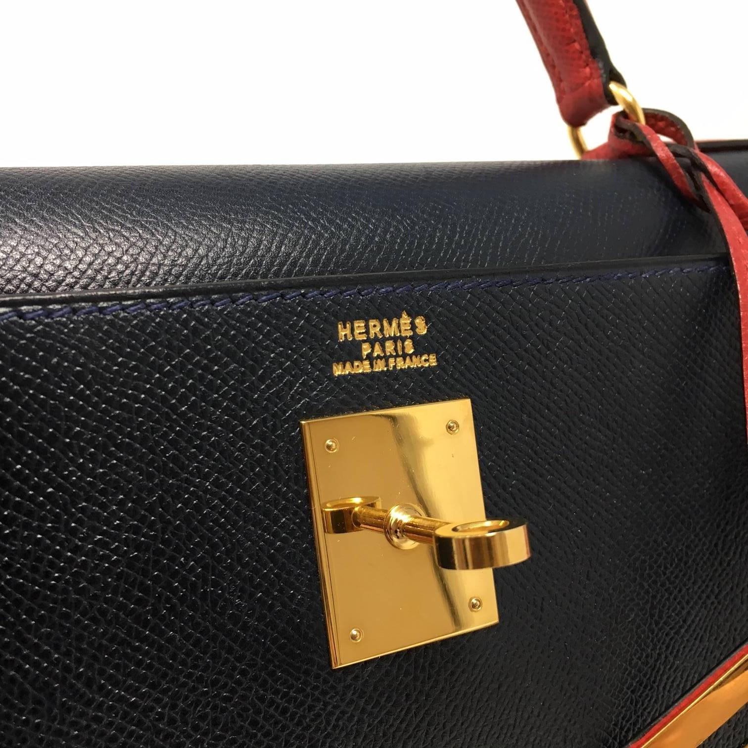 Hermes Kelly 32 Courchevel Double Colors Dark Blue and Rouge Garance Bag, 1993 4