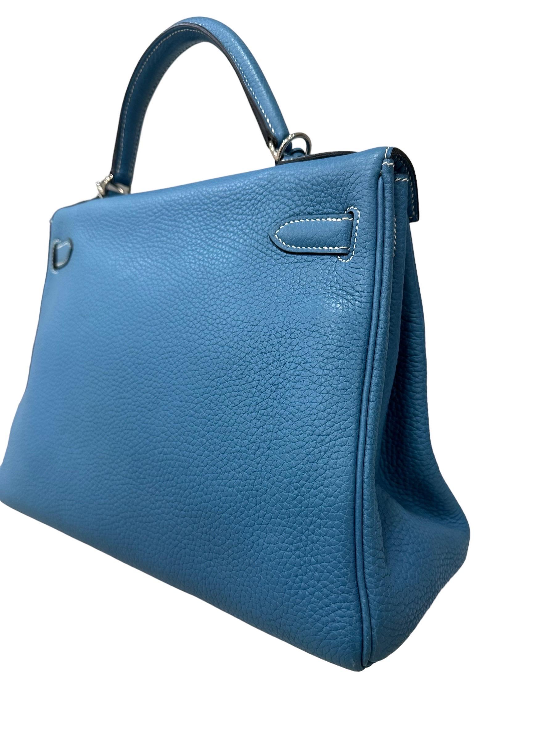 Hermès Kelly Bag 32 Clemence Leather Blue Izmir Top Handle Bag For Sale 3