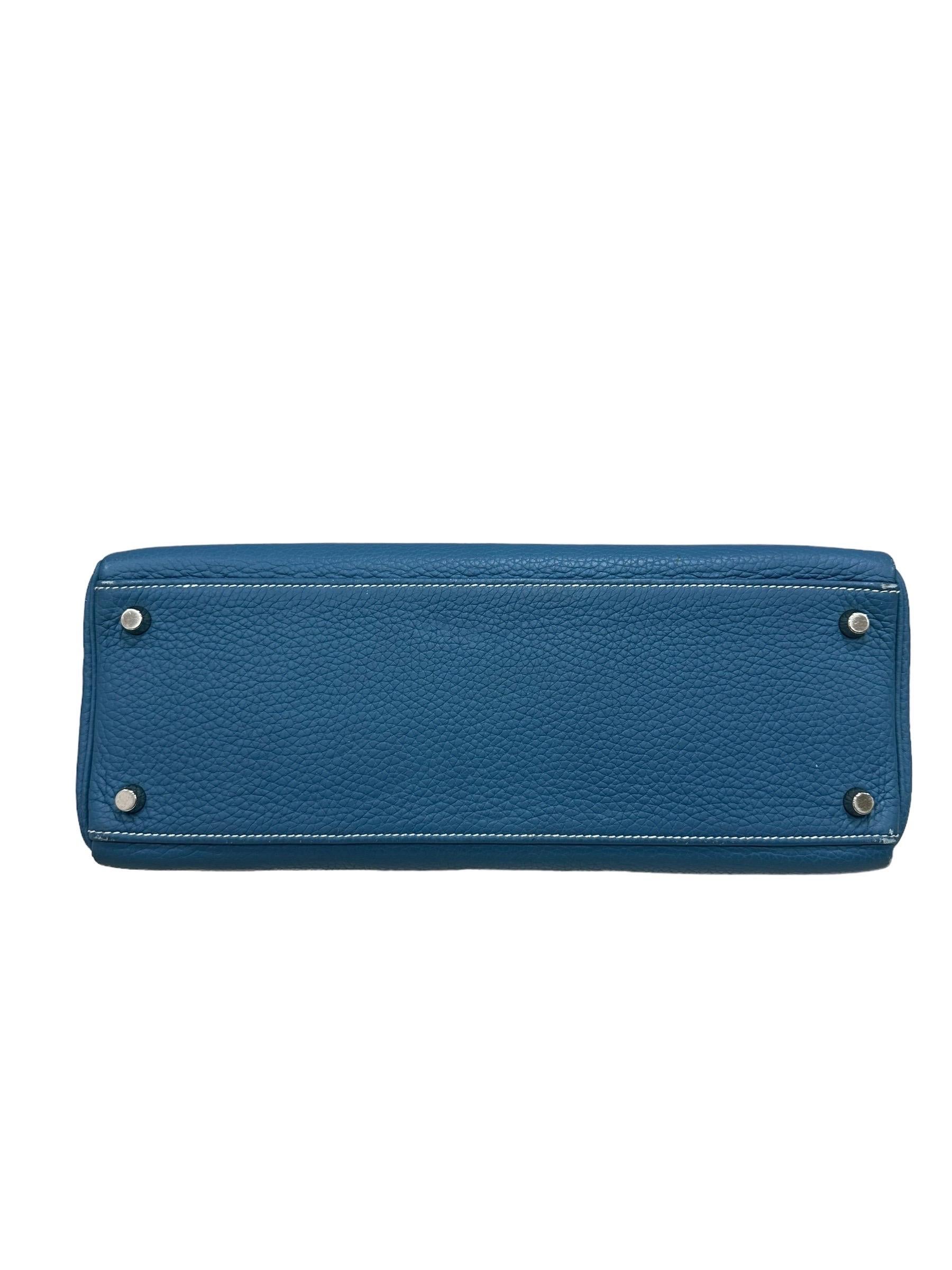 Hermès Kelly Bag 32 Clemence Leather Blue Izmir Top Handle Bag For Sale 4
