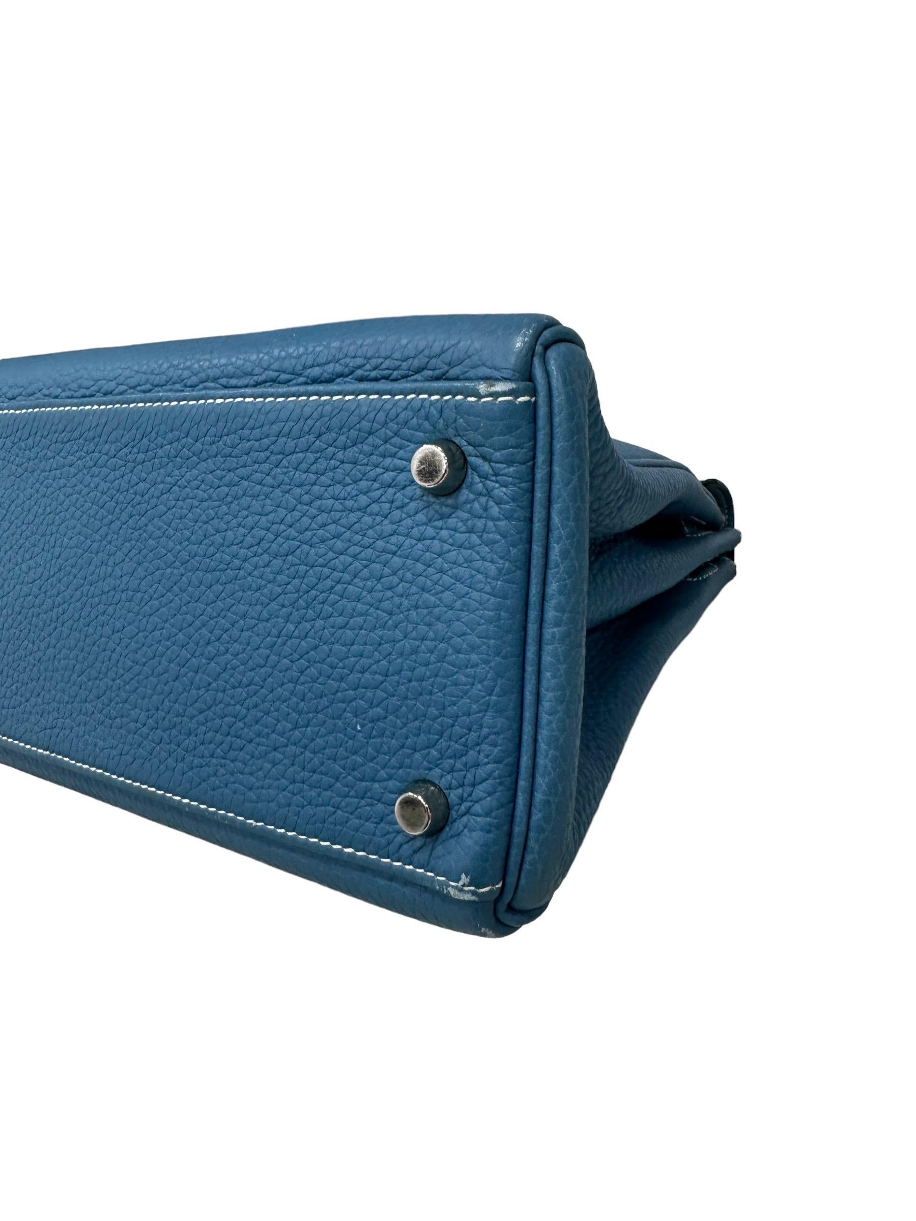 Hermès Kelly Bag 32 Clemence Leather Blue Izmir Top Handle Bag For Sale 6