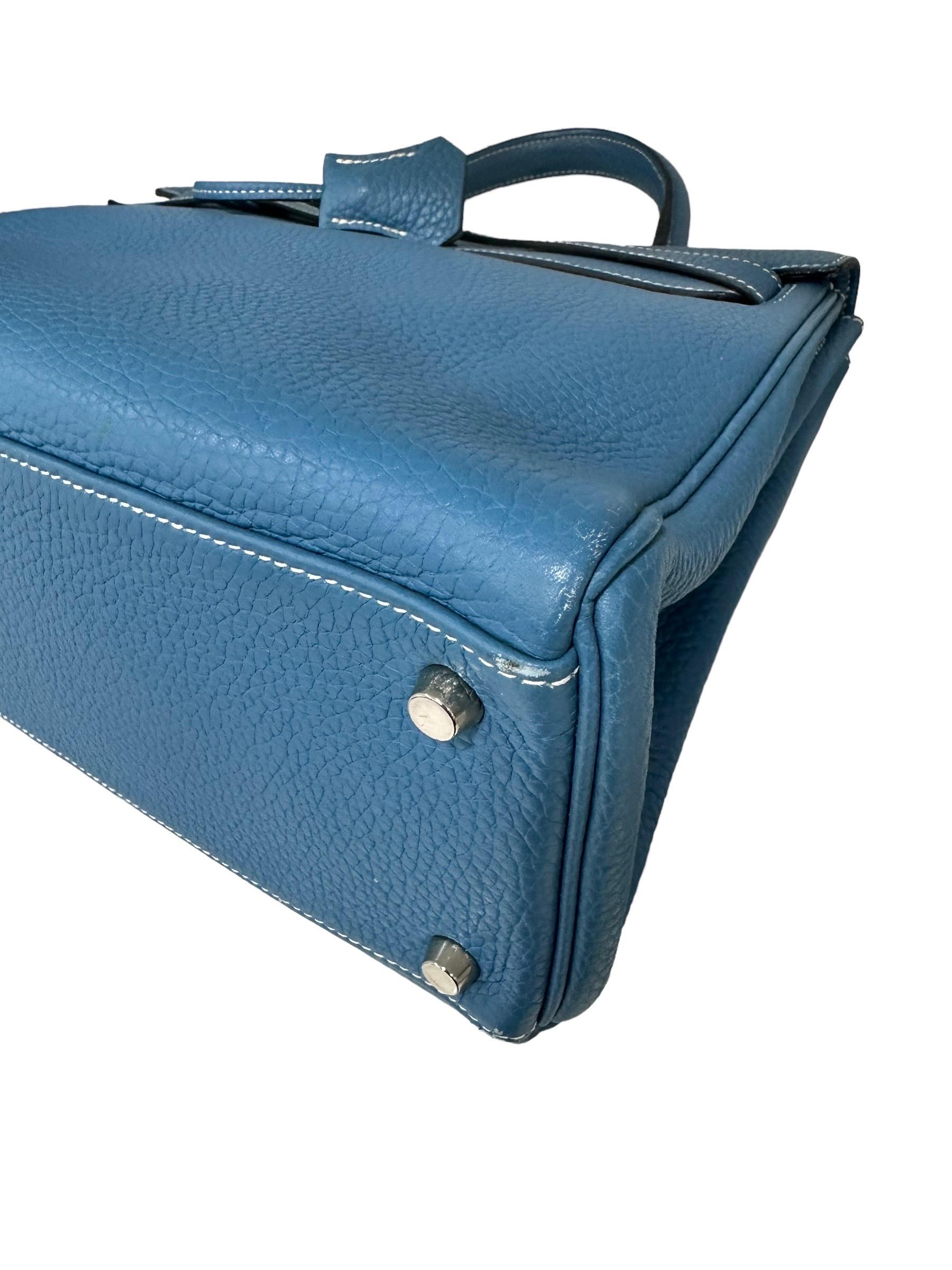 Hermès Kelly Bag 32 Clemence Leather Blue Izmir Top Handle Bag For Sale 7