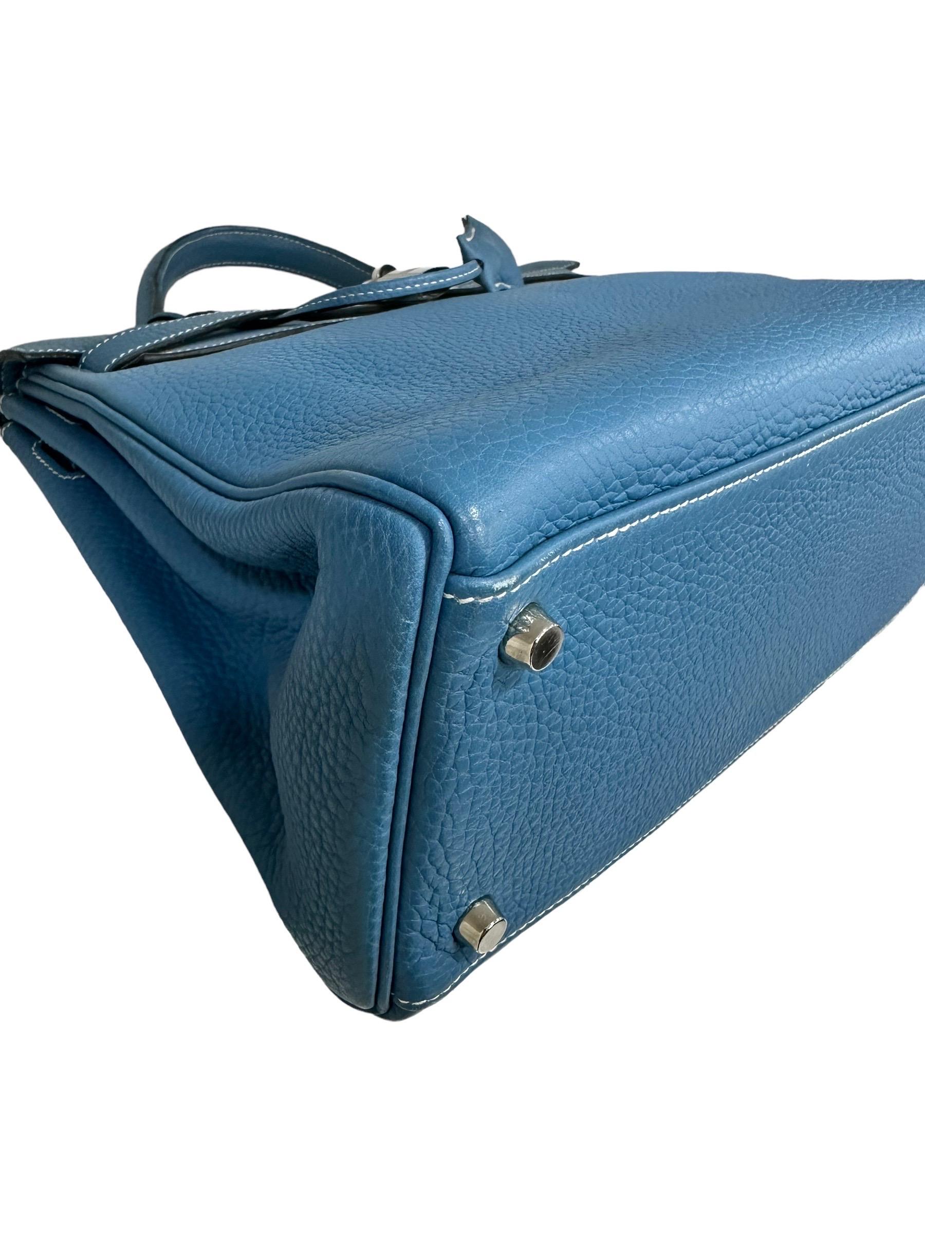 Hermès Kelly Bag 32 Clemence Leather Blue Izmir Top Handle Bag For Sale 8
