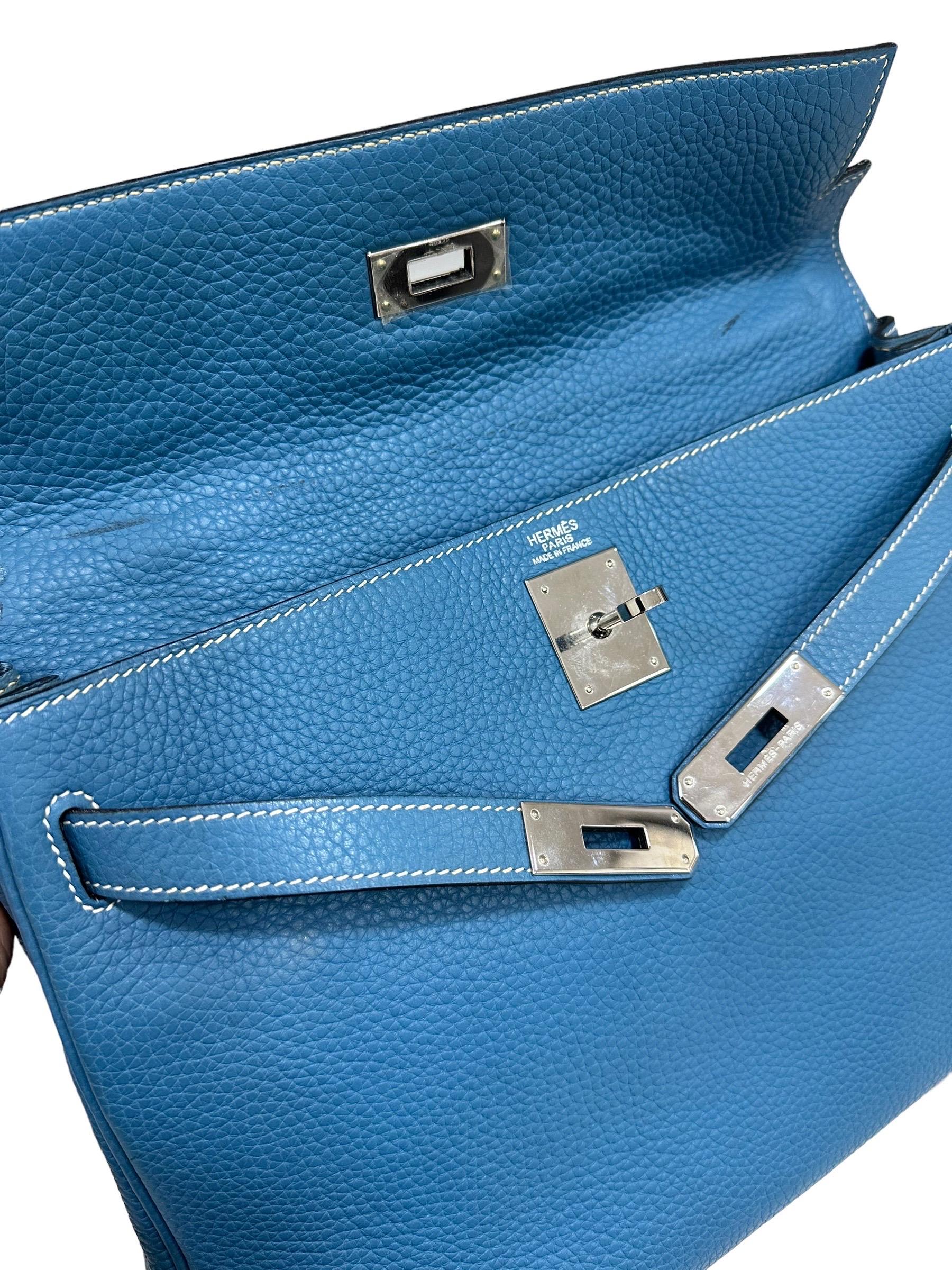 Hermès Kelly Bag 32 Clemence Leather Blue Izmir Top Handle Bag For Sale 9