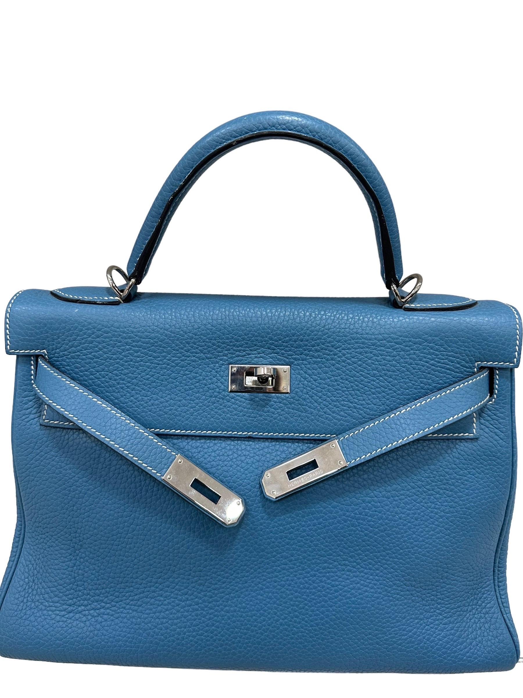 Hermès Kelly Bag 32 Clemence Leather Blue Izmir Top Handle Bag For Sale 10
