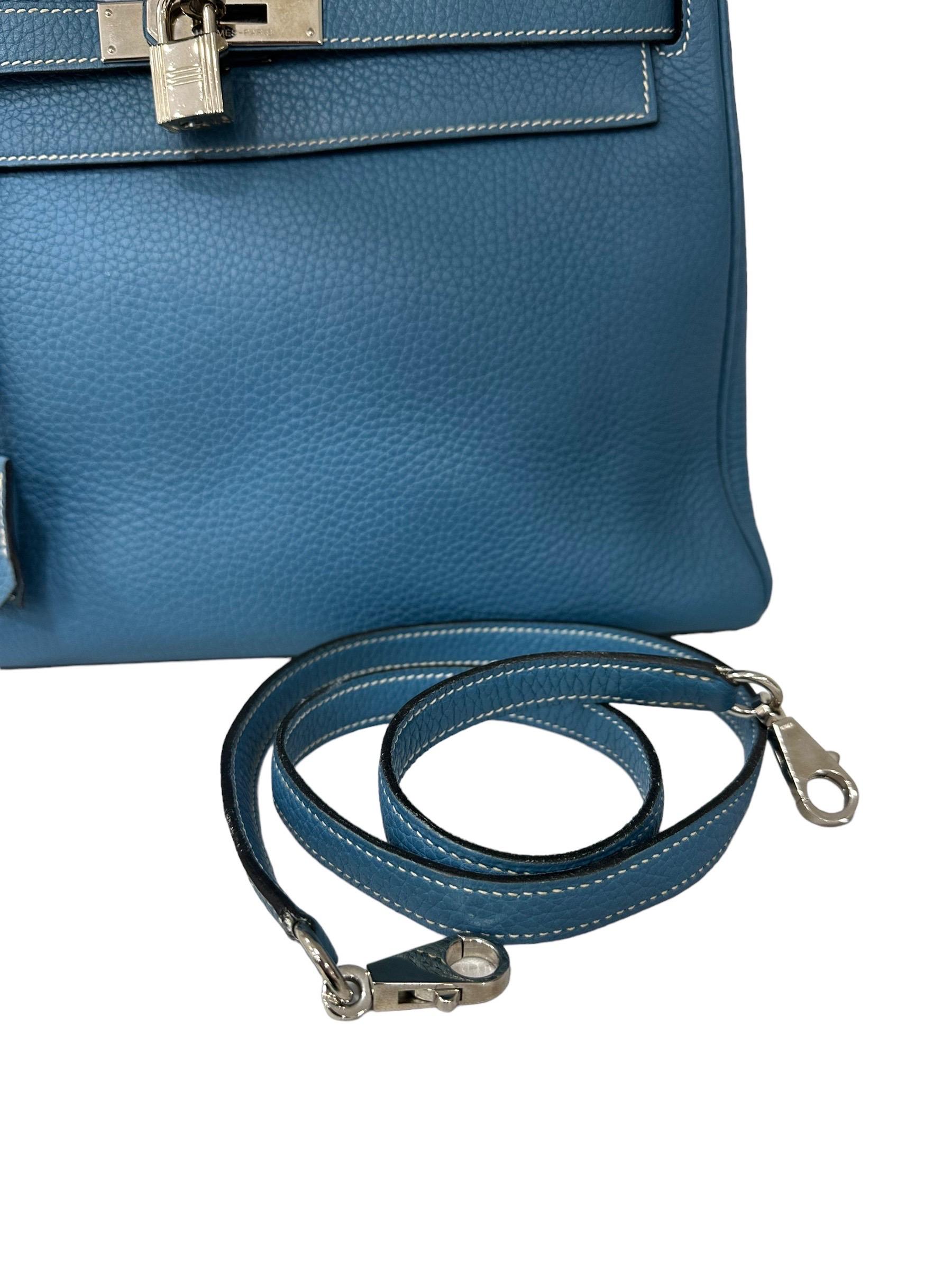 Hermès Kelly Bag 32 Clemence Leather Blue Izmir Top Handle Bag For Sale 11