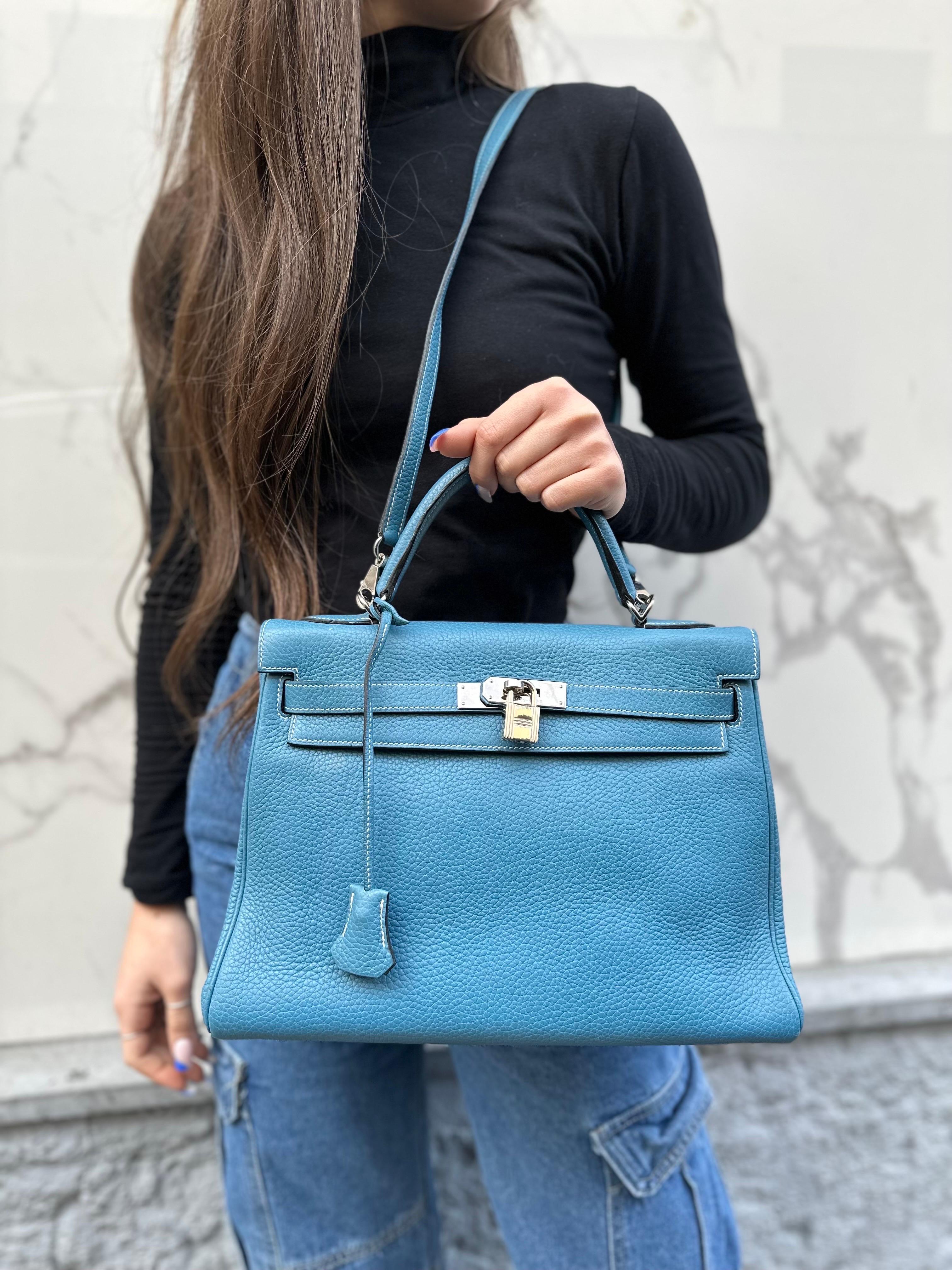 Hermès Kelly Bag 32 Clemence Leather Blue Izmir Top Handle Bag For Sale 13