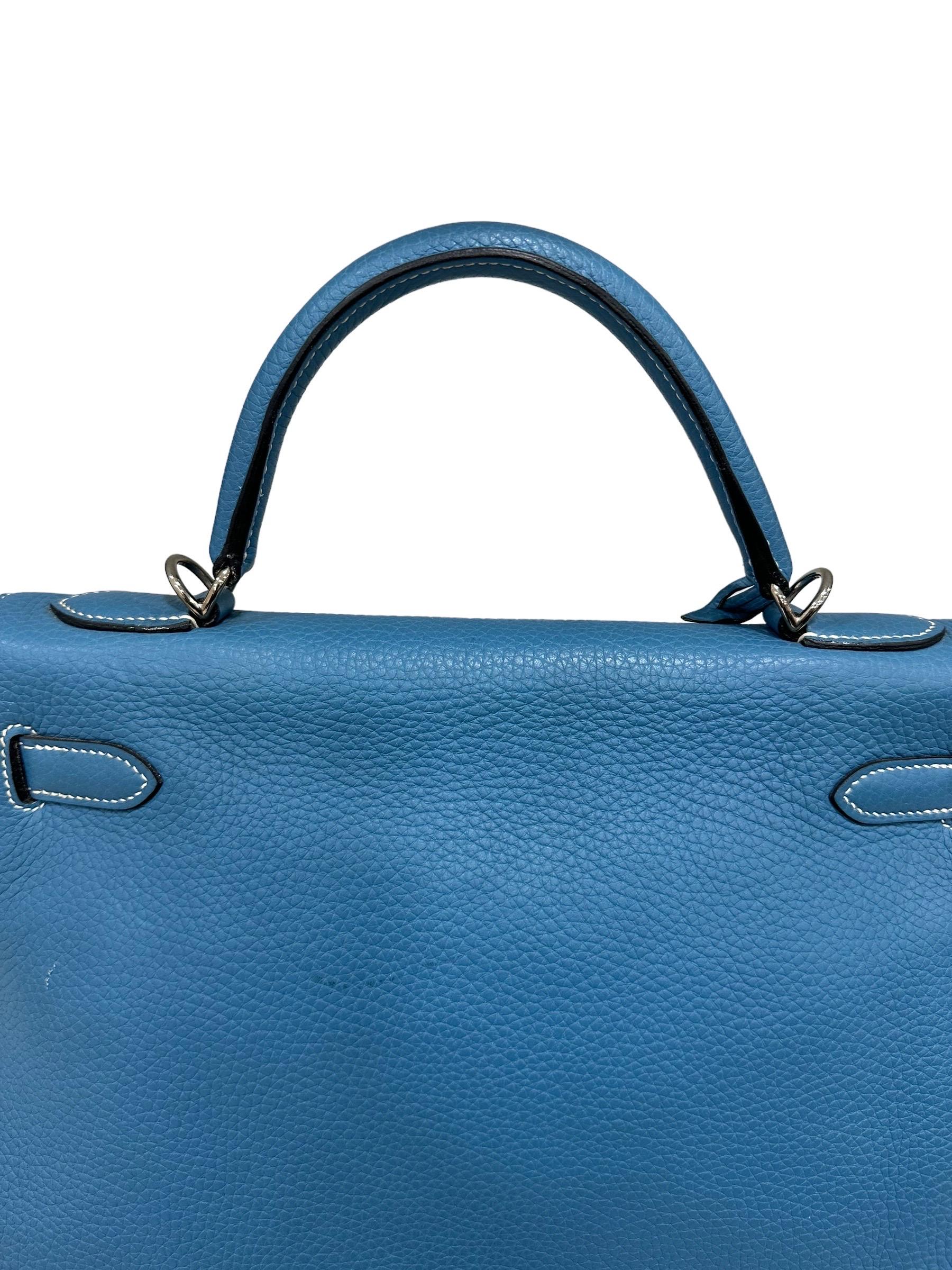 Hermès Kelly Bag 32 Clemence Leather Blue Izmir Top Handle Bag In Excellent Condition For Sale In Torre Del Greco, IT