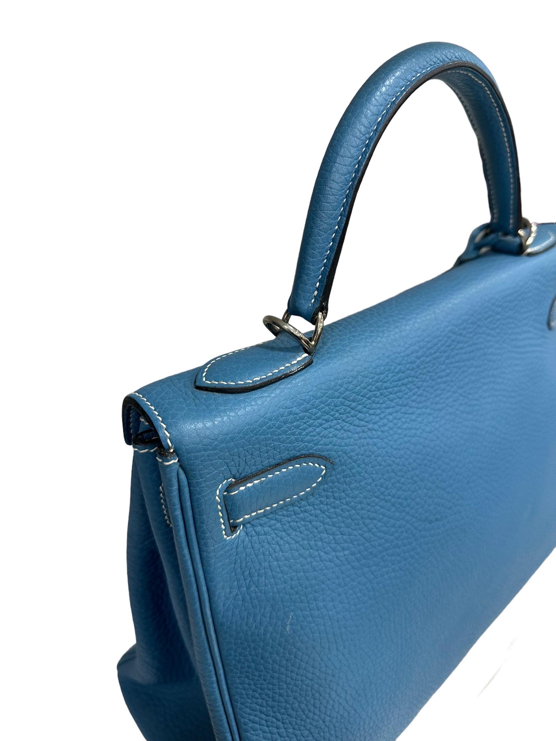 Women's Hermès Kelly Bag 32 Clemence Leather Blue Izmir Top Handle Bag For Sale