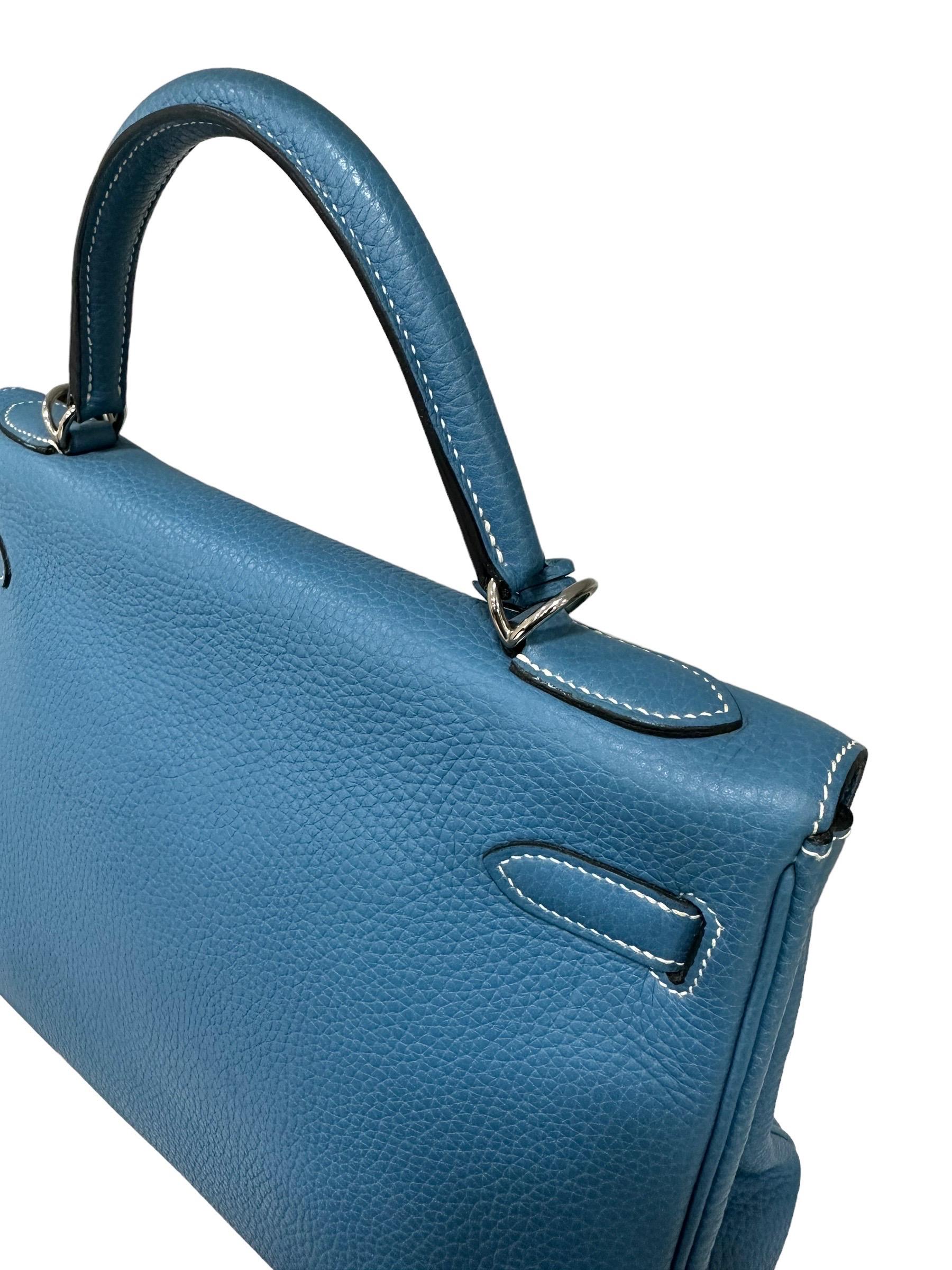 Hermès Kelly Bag 32 Clemence Leather Blue Izmir Top Handle Bag For Sale 1
