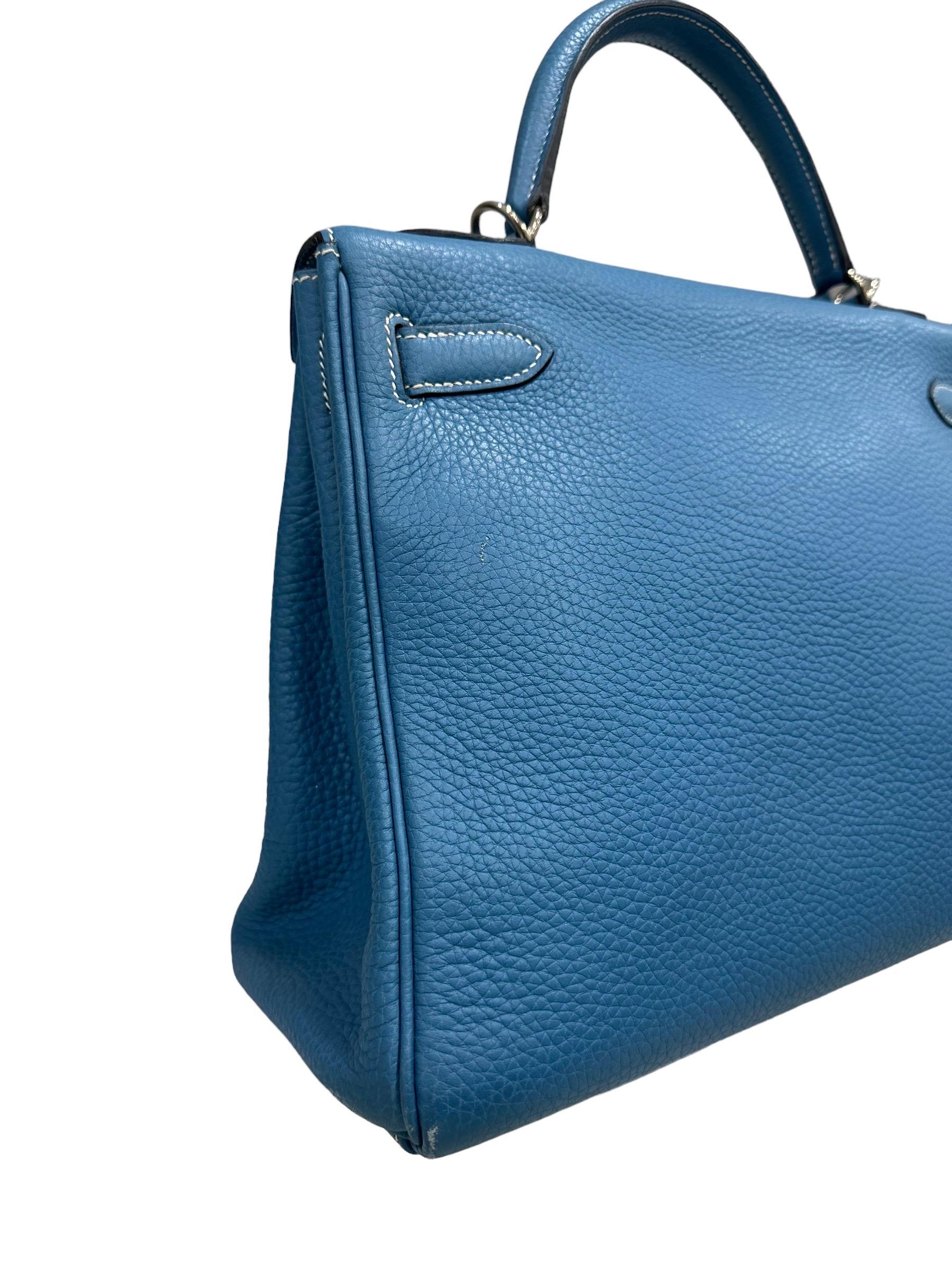 Hermès Kelly Bag 32 Clemence Leather Blue Izmir Top Handle Bag For Sale 2