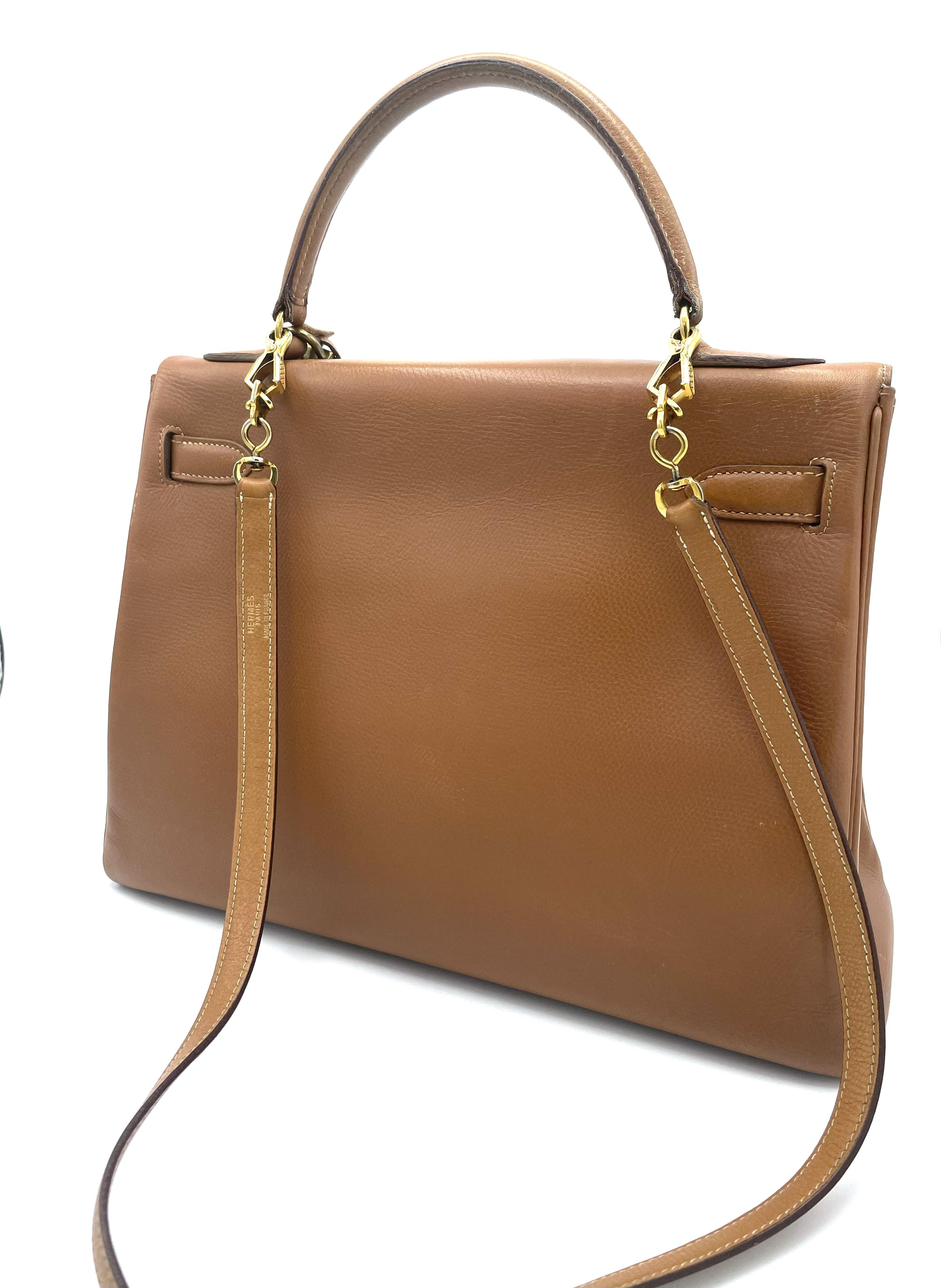 Brown HERMES KELLY BAG; 32 cm, 2 way, retourne, Courchevel leather, 1982 = L For Sale