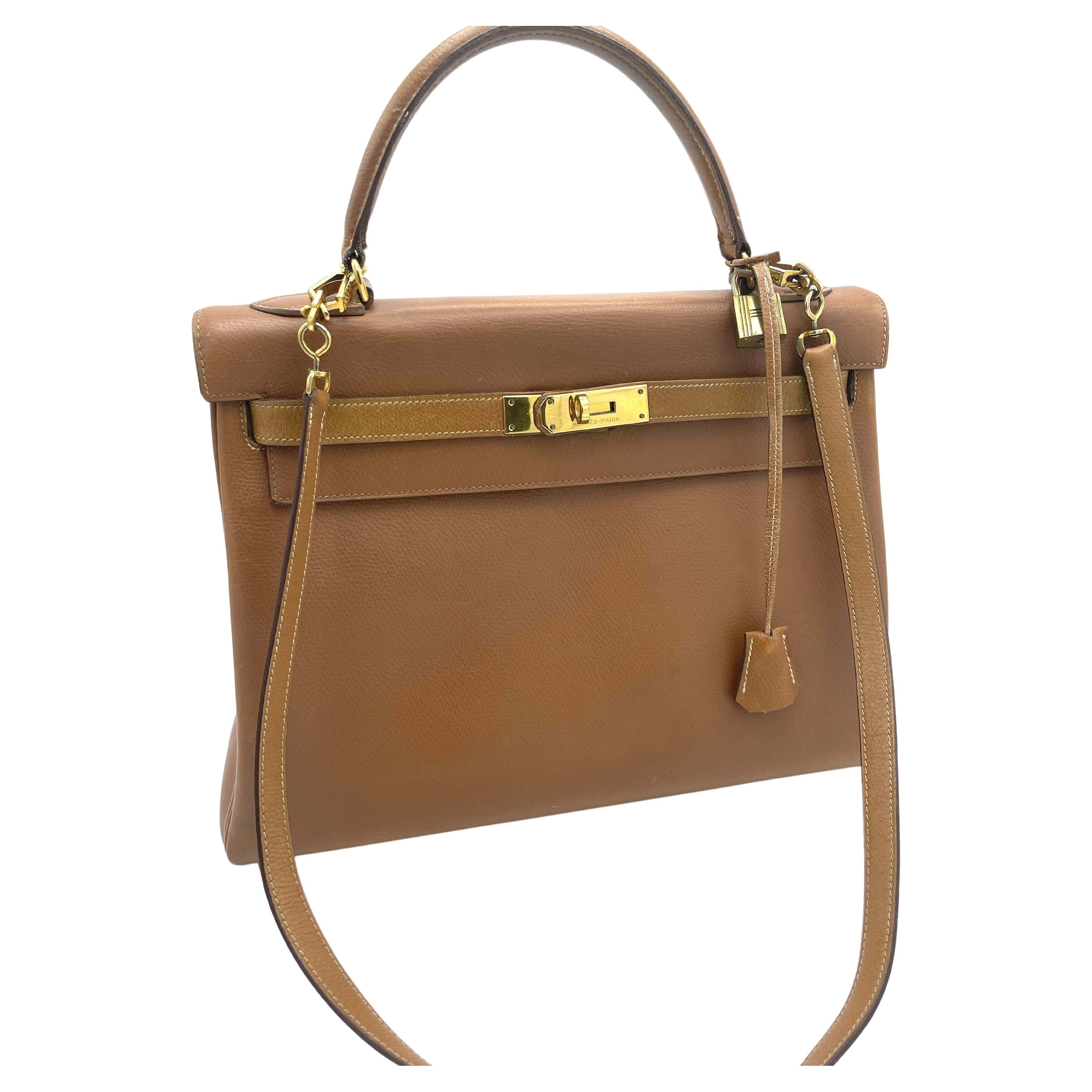 HERMES KELLY BAG; 32 cm, 2 way, retourne, Courchevel leather, 1982 = L