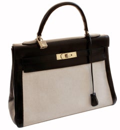 Hermes Kelly Bag 32cm Canvas mit schwarzem Gulliver Lederbesatz Classic Vintage