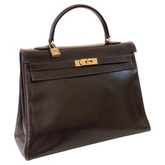 Hermes Kelly Bag 35cm Brown Box Leather Top Handle Retourne Vintage 1945