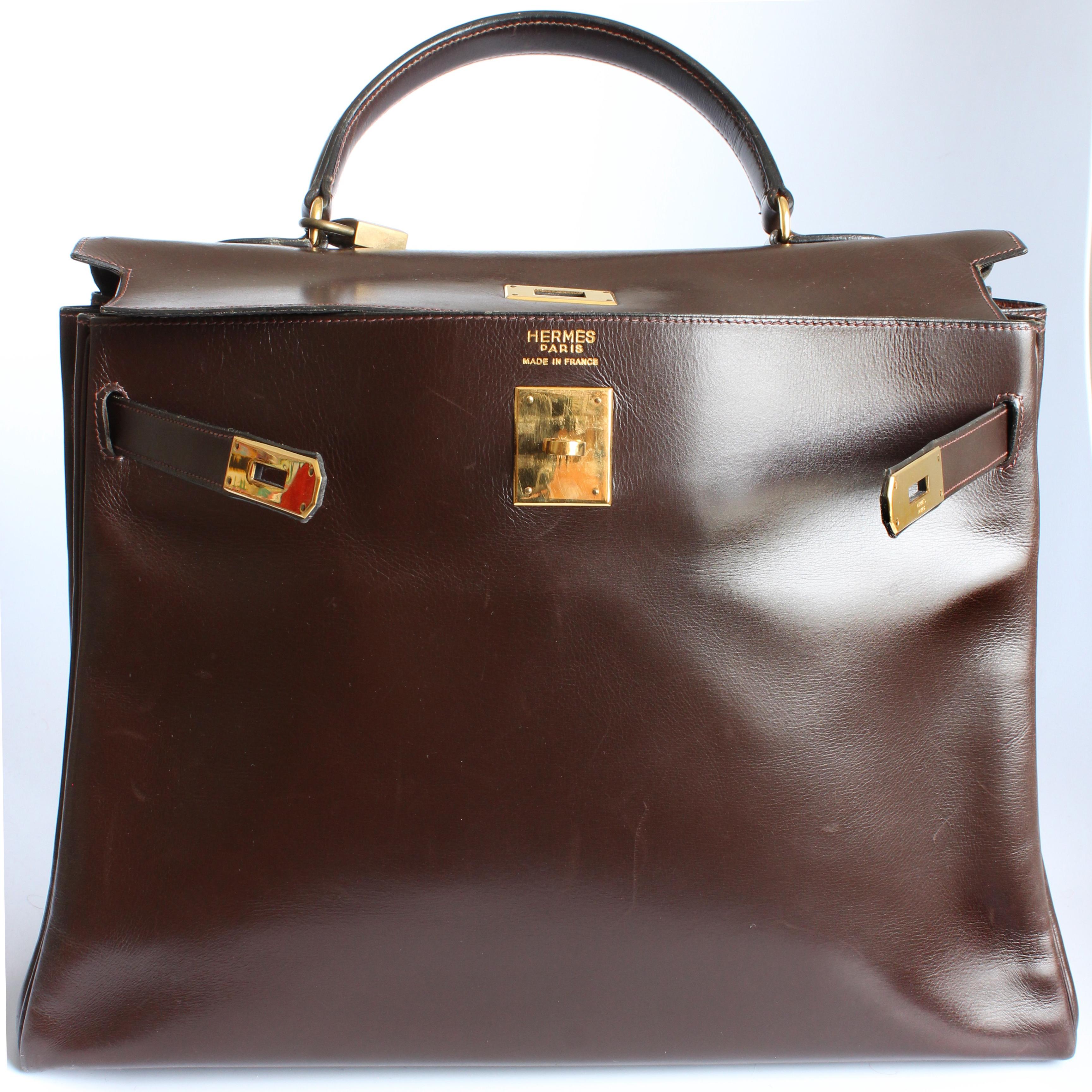 Hermes Kelly Bag 35cm Brown Box Leather Top Handle Retourne Vintage 1945 In Good Condition In Port Saint Lucie, FL