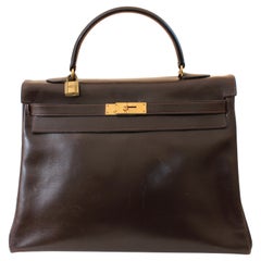 Hermes Kelly Bag 35cm Brown Box Leather Top Handle Retourne Vintage 1945