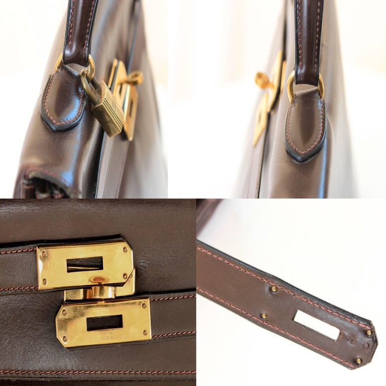 Hermes Kelly Bag 35cm Retourne Brown Box Leather Top Handle Bag