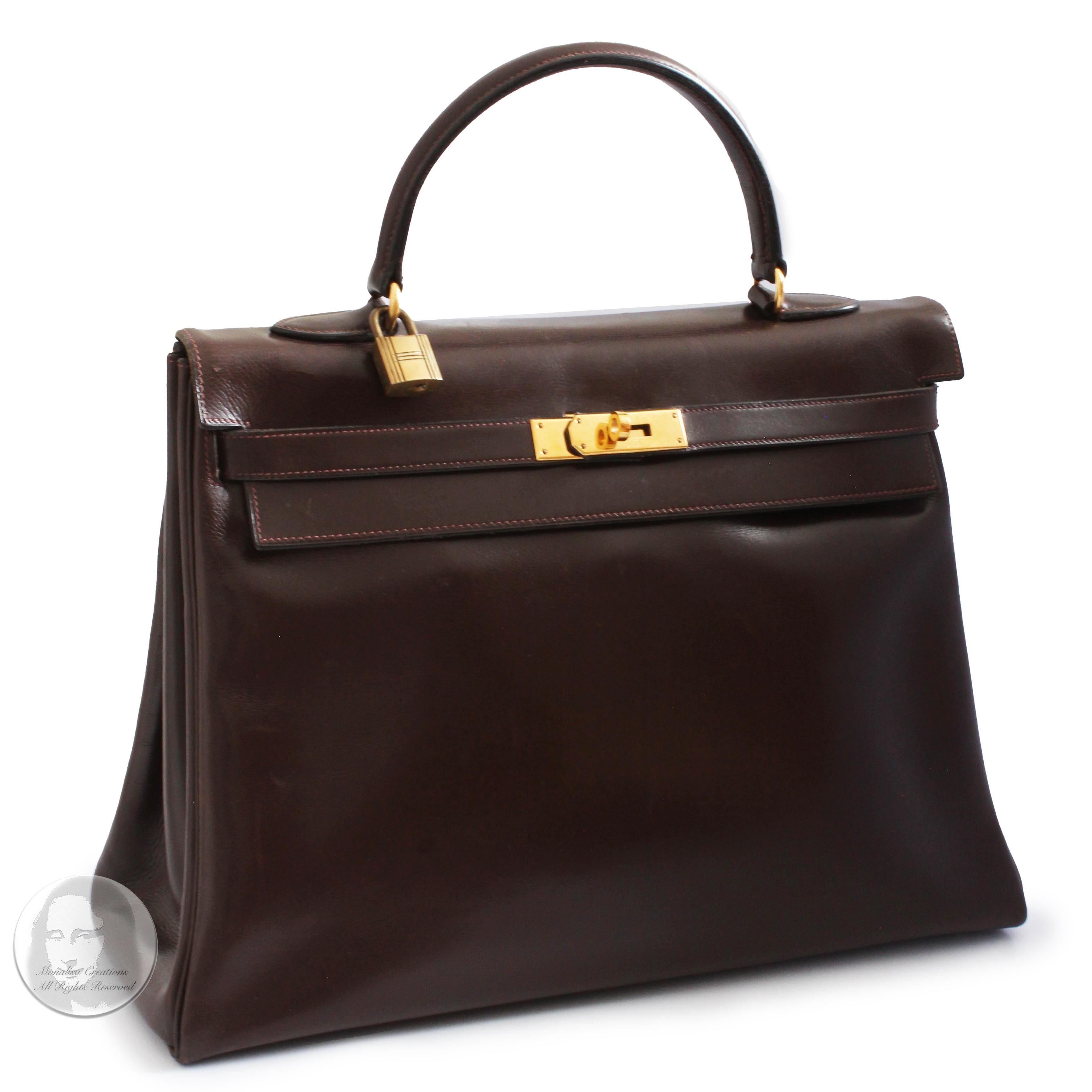 Hermes Kelly Bag 35cm Retourne Brown Box Leather Top Handle Bag 1945 Vintage  In Good Condition In Port Saint Lucie, FL
