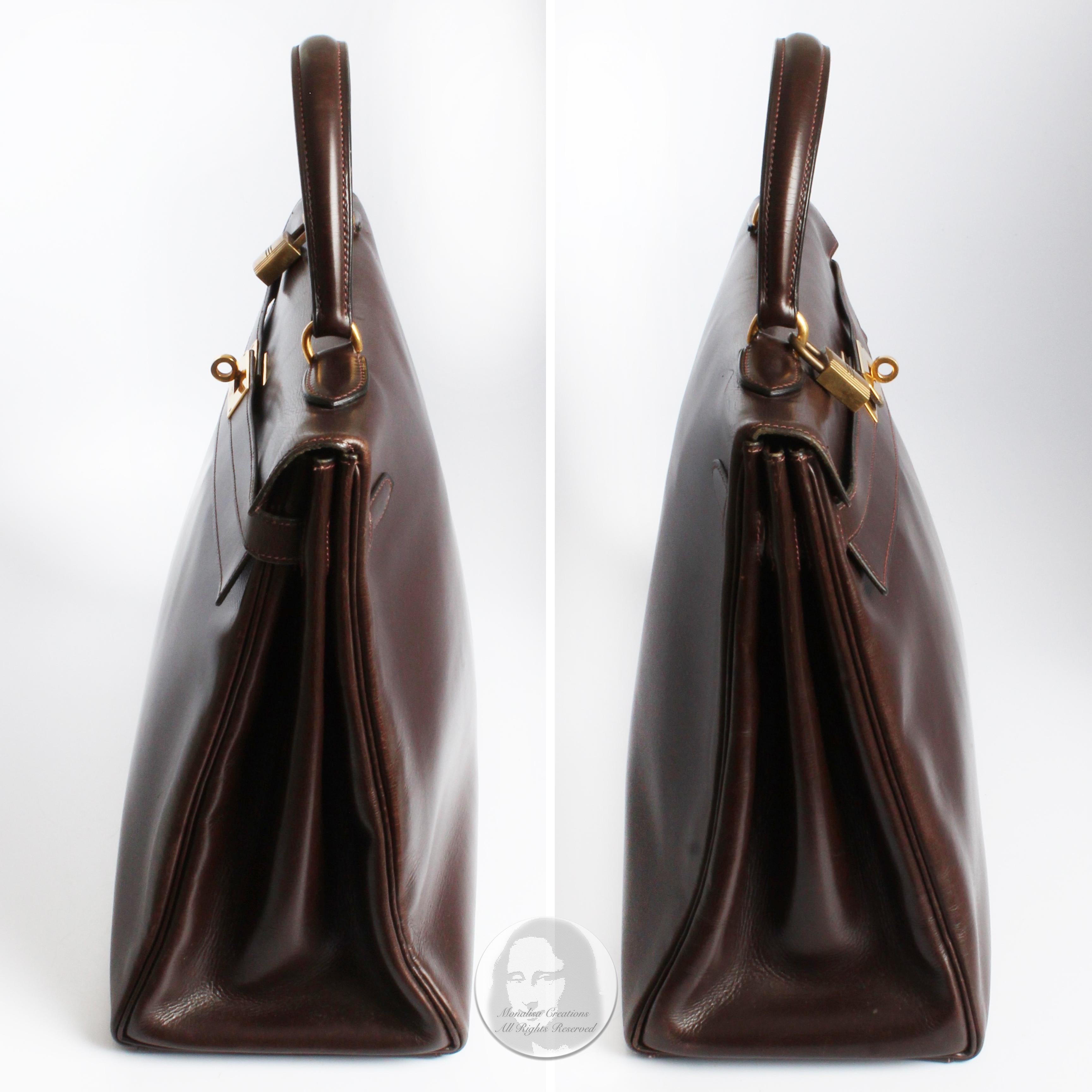 Hermes Kelly Bag 35cm Retourne Brown Box Leather Top Handle Bag 1945 Vintage  1