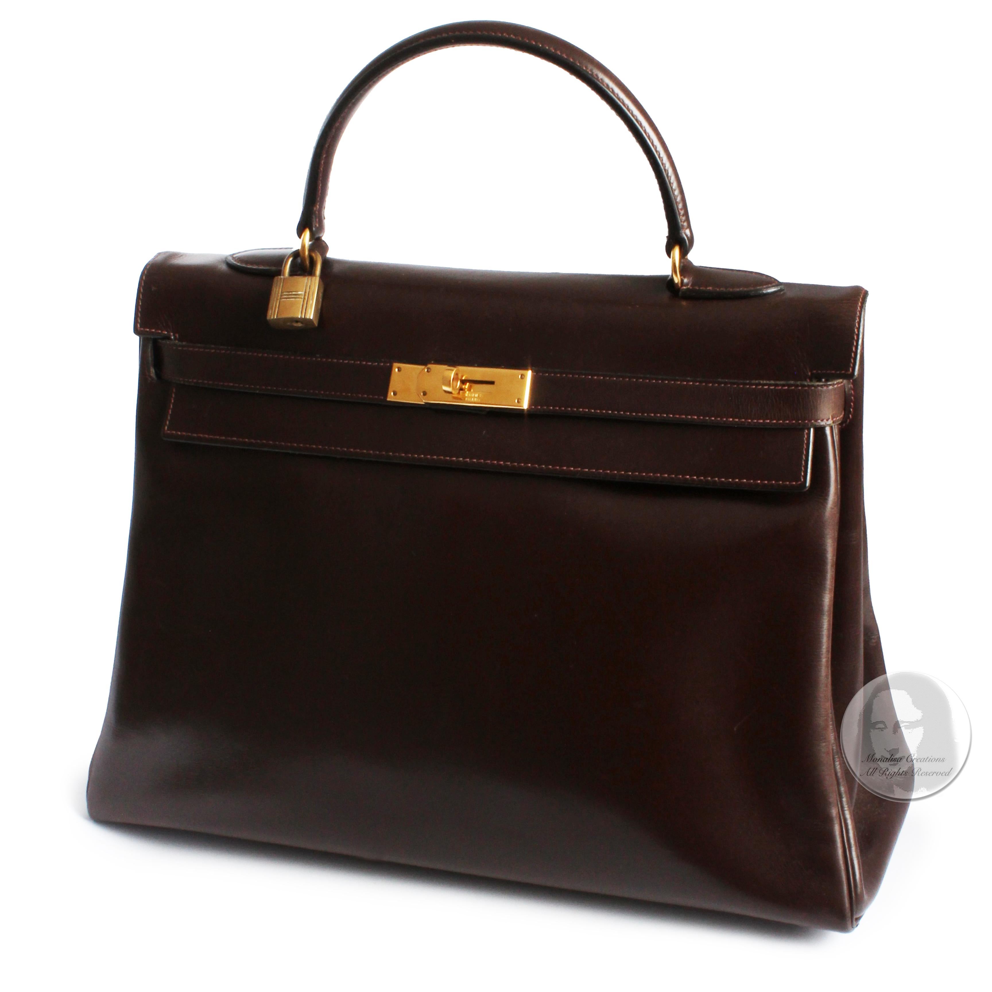 Hermes Kelly Bag 35cm Retourne Brown Box Leather Top Handle Bag 1945 Vintage  2
