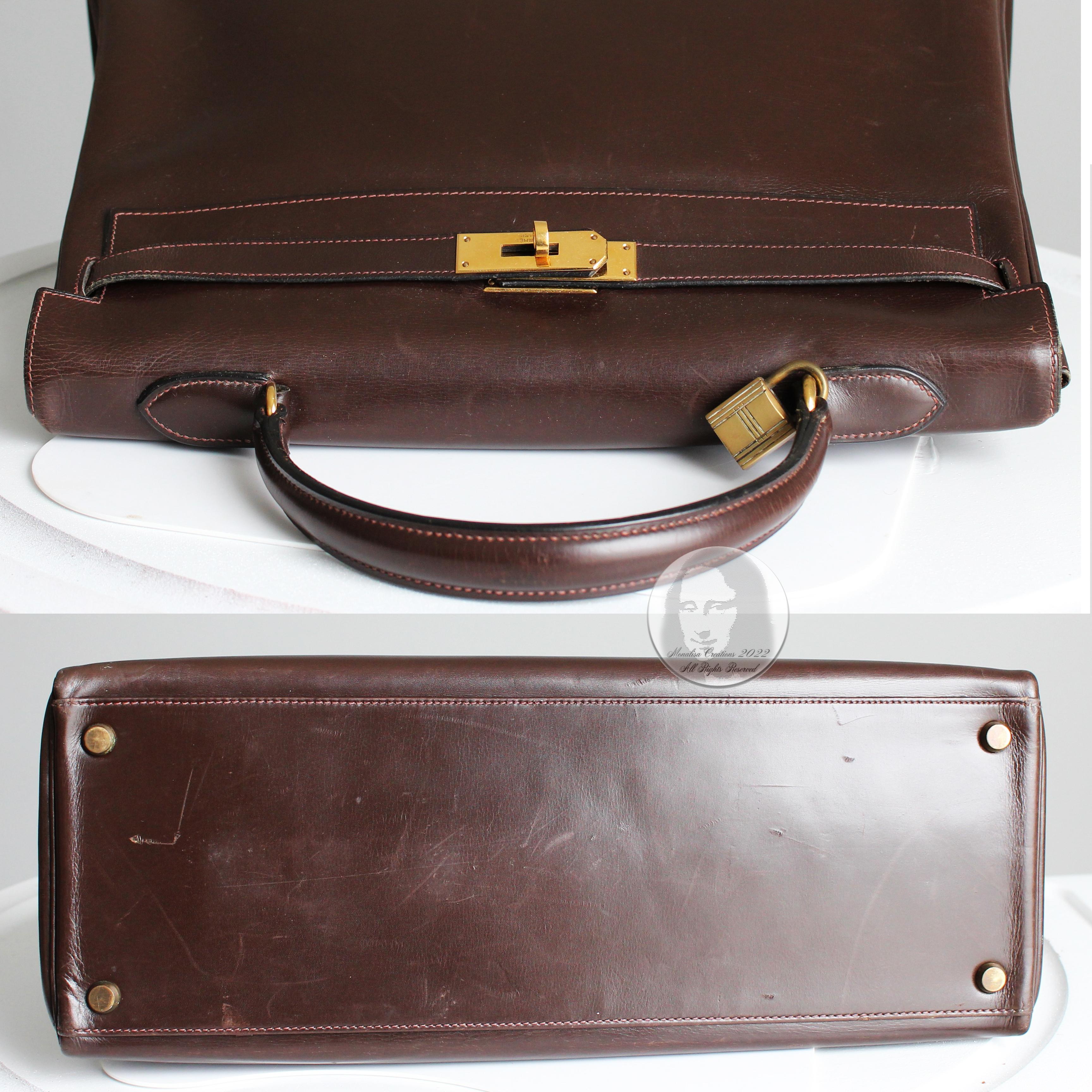 Hermes Kelly Bag 35cm Retourne Brown Box Leather Top Handle Bag 1945 Vintage  4