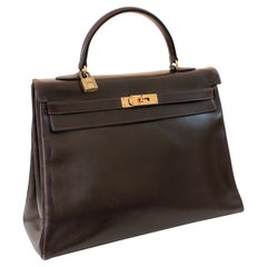Hermes Kelly Bag 35cm Retourne Brown Box Leather Top Handle Bag 1945 Used 