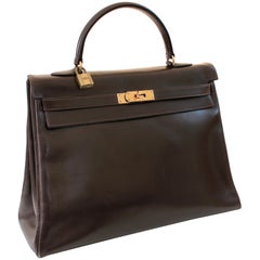 Hermes Kelly Bag 35cm Retourne Sac a Depeches Brown Box Leather Vintage 