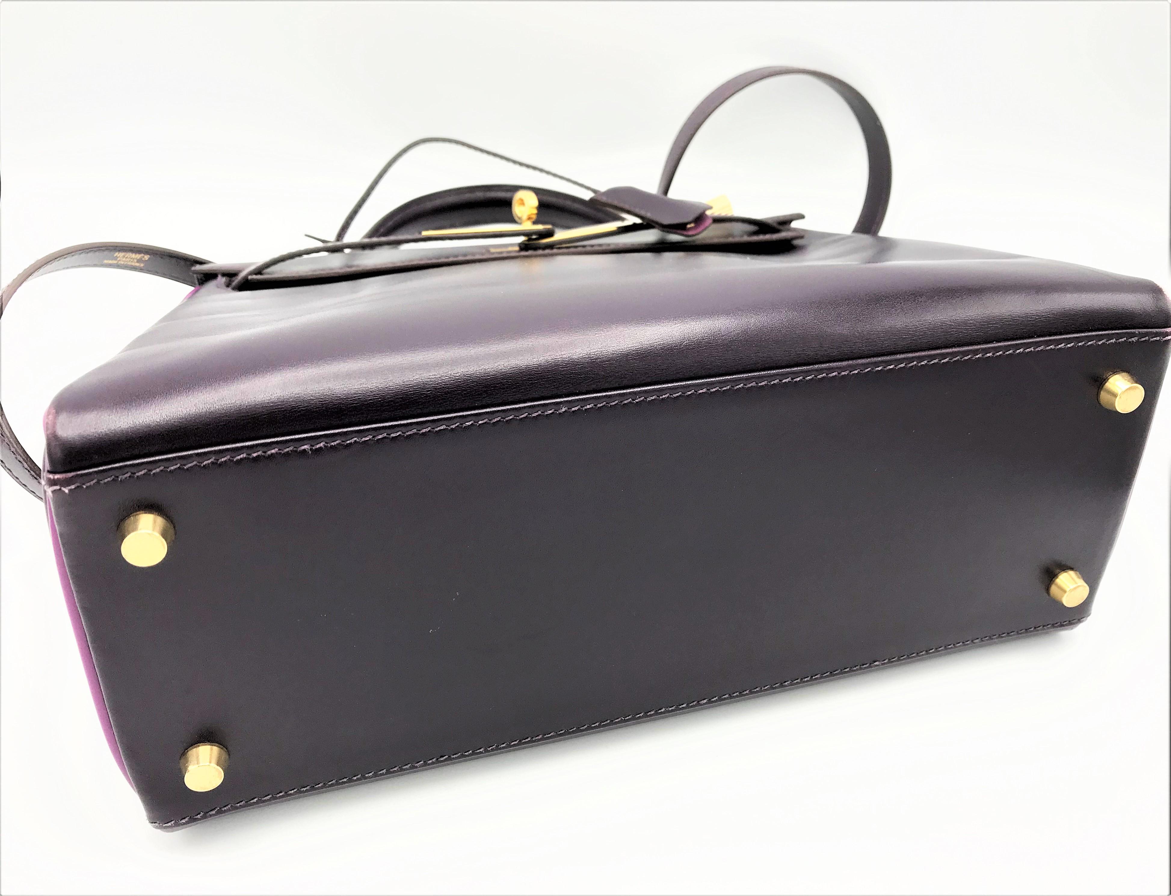 Black HERMES KELLY BAG box calf 28 cm purple/pink special edition gold hardware 2004  