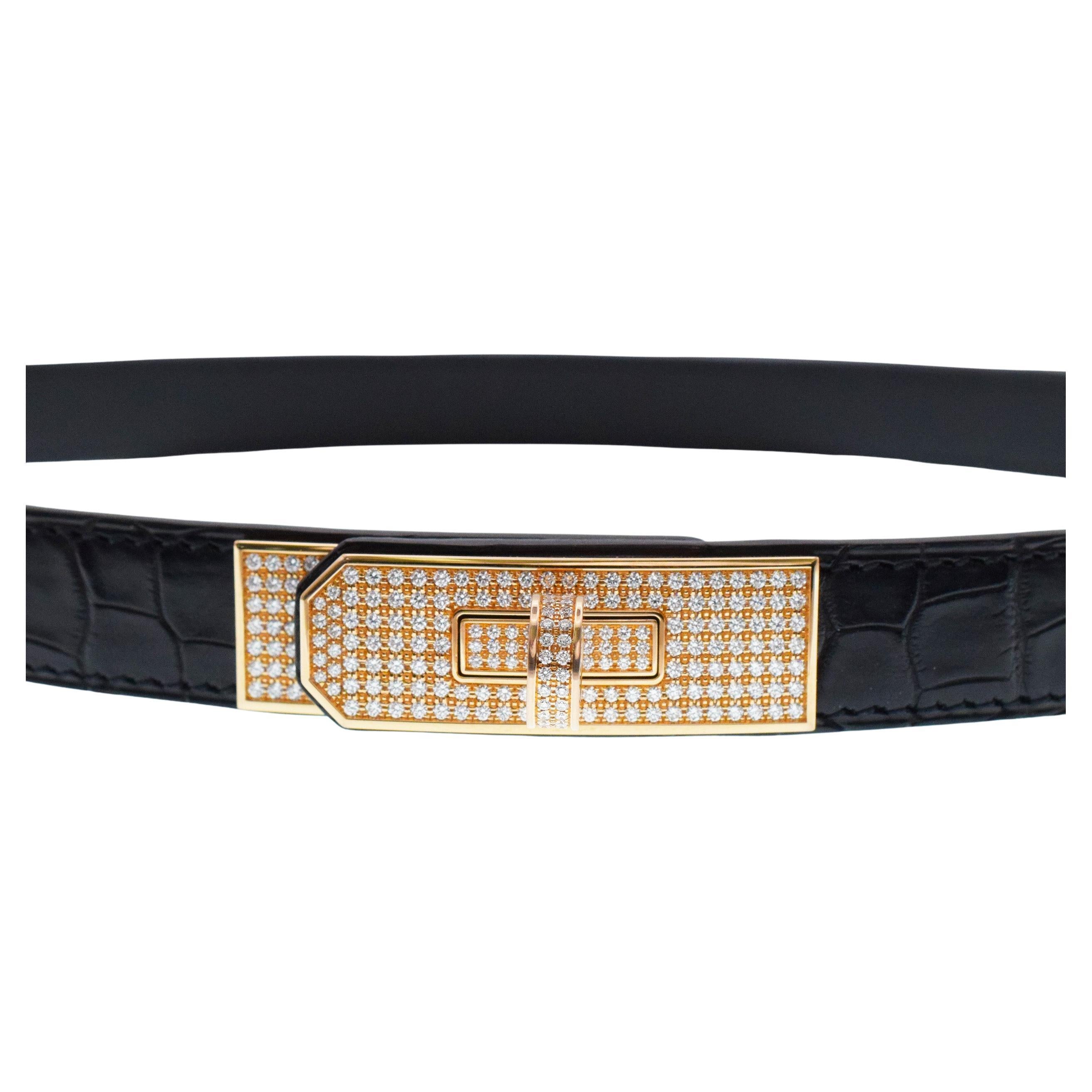 Hermes "KELLY" Hebilla de diamantes  Cinturón de cocodrilo. Oro rosa 18k